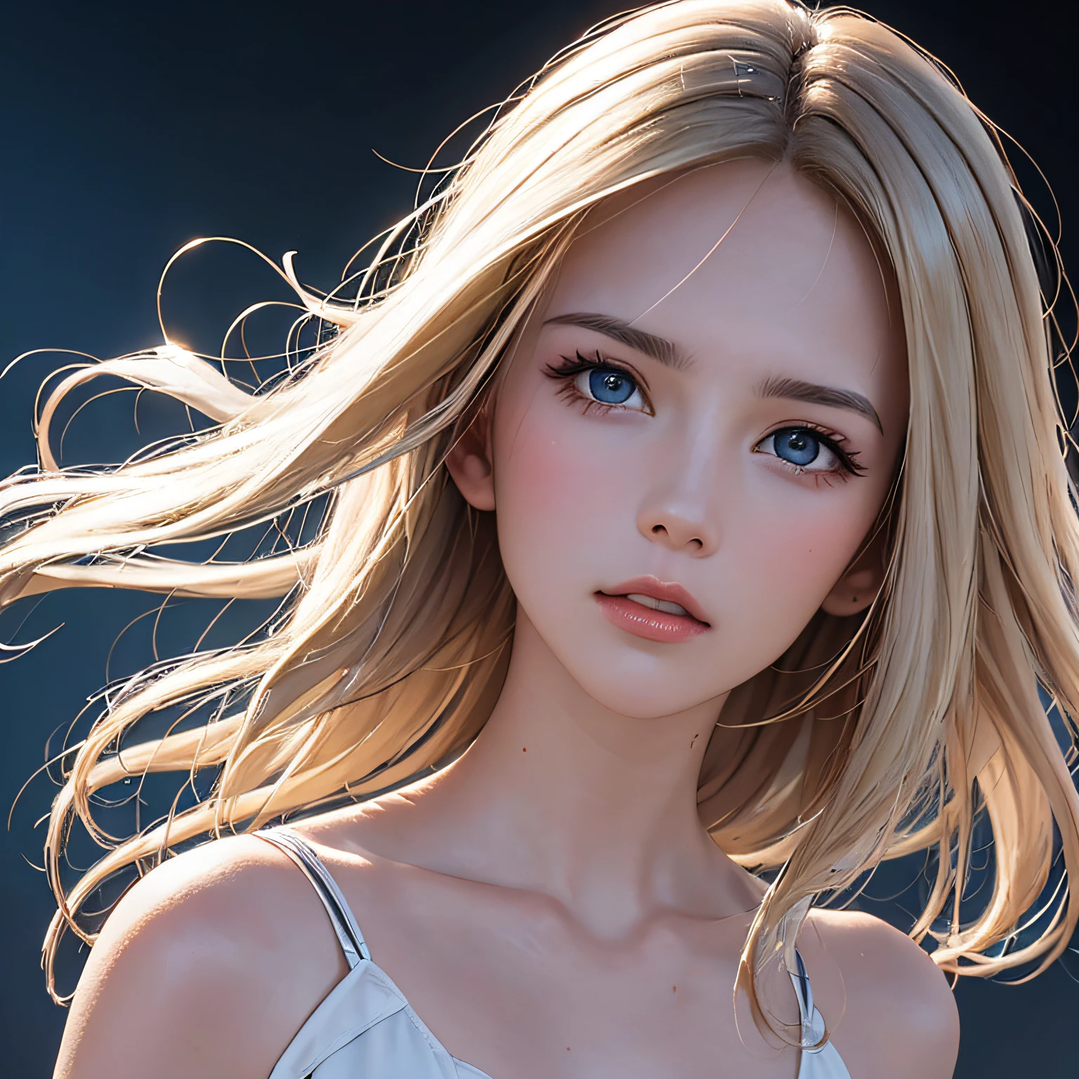 (8K, RAW Photos, of the highest quality, Masterpieces: 1.2), (Realistic, Photorealistic: 1.37), Highest Quality, Ultra High Resolution, light leaks, Dynamic lighting, Slim and smooth skin, (Full body:1.3), (Soft Saturation: 1.6), (Fair skin: 1.2), (Glossy skin: 1.1), Oiled skin, 22 years old, Night, shiny white blonde, Well-formed, Hair fluttering in the wind, Close-up shot of face only, Physically Based Rendering, From multiple angles, Being in love