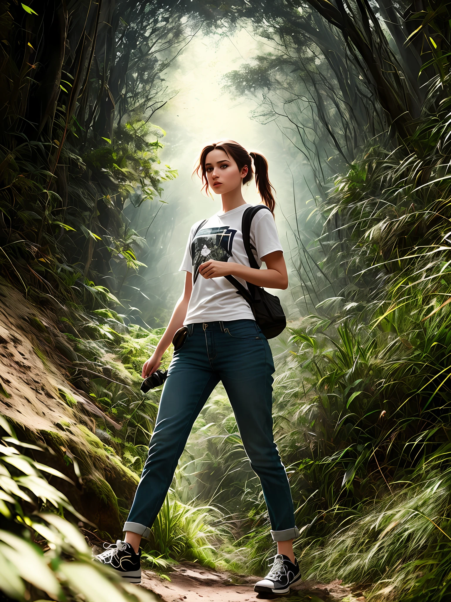 Adventurous girl, front image, walking in the jungle, full body, (intricate details), HDR, (intricate details, hyperdetailed:1.2), cinematic plane, centered, a beautiful cinematic masterpiece portrait of Tirkish girl with black weavy hair as lara croft from tomb raider, covered in dirt, treasure hunter, ((white basic teeshirt, full length shirt, tight torn jeans)), with a complex jungle background with ancient jungle ruins, by gil elvgren, by frank frazetta, by greg rutkowski, trending on artstation, featured on pixiv, hyper detailed, beautiful studio lights, intricate elegant digital painting, cinematic composition, dramatic pose, smooth, sharp focus, (((professional photography))),dappled light, romantic, HDR, highly detailed, hasselblad, 8k, hyper realistic, eye level shot, f1.4 aperture, 8mm film grain, cinestill 800, by Jean Paul Gaultier and Jules Bastien-Lepage and Stella McCartney, (((professional photography))),dappled light, romantic, HDR, highly detailed, hasselblad, 8k, hyper realistic, eye level shot, f1.4 aperture, 8mm film grain, cinestill 800