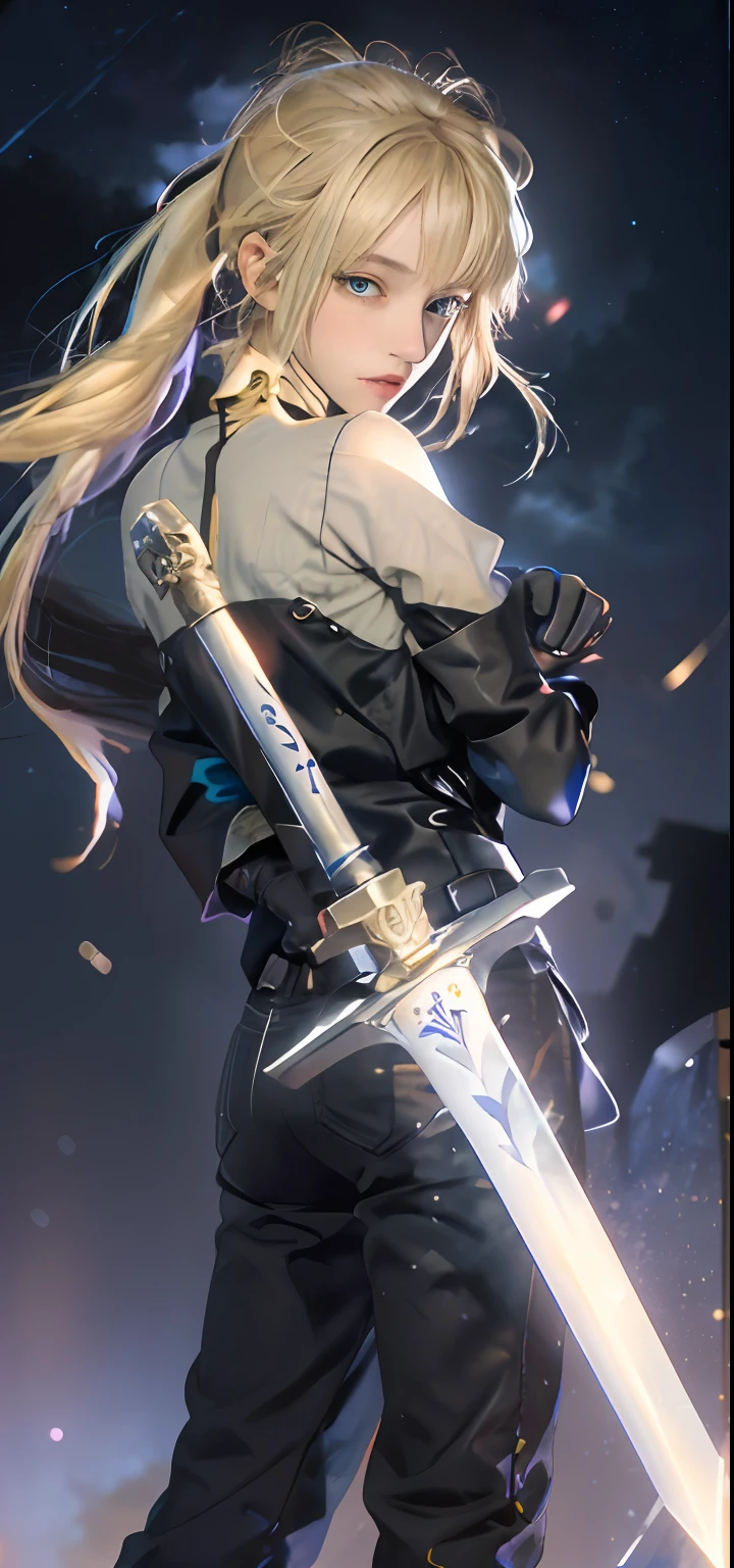 ((masterpiece:1.2, best quality)), realistic, 1girl, solo, blood, male focus, looking at viewer, artoria pendragon \(fate\), black (((suit))), black (((pant suit))), (((ponytail))), (((black gloves))), aurora, night, stars (sky), sky, night sky, starry sky, holding Magic Sword, Dark Clouds, Night, model shot, (Impressionism: 1.4), (Tarot: 1.3), Alphonse Mucha,