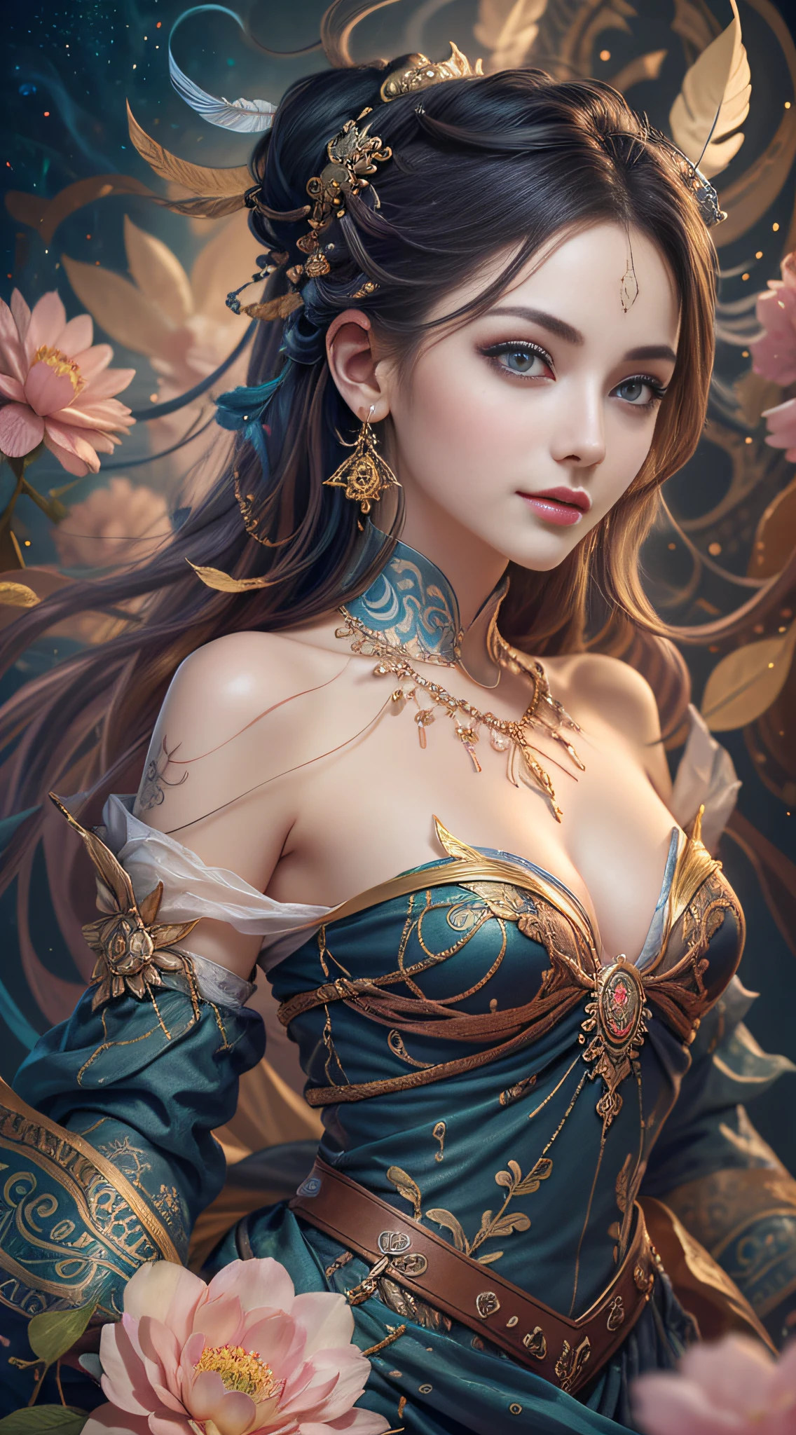 Smooth and dynamic girl, wearing a loose and flowing pink dress, mysterious expression, curly black-pink hair, [Aishwarya Rai], bold and colorful abstract art in a modern and abstract environment, blurred background, bright lights, official art, Unity 8k wallpaper, (zentangle, mandala, tangled, tangled), complex clothes, stroke (whole body, from all directions, masterpiece, top quality, best quality, official art, Beauty and aesthetics: 1.2), very detailed, (fractal art: 1.1), (color: 1.1) (flowers: 1.3), highest detail, (zentangle: 1.2), (dynamic pose), (abstract background: 1.3), (shiny skin), (multiple colors: 1.4), (feathers: 1.5), dynamic angle, most beautiful chaotic forms, elegant, fauvist design, bright colors, romanticism, dark style beautiful princess of the underworld spooky bad smile complex tattoos Anime 3D Art Style 3D Dark Night Deep Black Sky Horror ((Cold Complex Skull Accessories )) (Guvez style artwork) ((Black Chinese-style underground palace with huge complex structure in background)) Leica lens Depth of field (Masterpiece, top quality, best quality, official art, Beauty and Aesthetics: 1.2), (1girl: 1.3), (Fractal Art: 1.3) (Masterpiece, Top Quality, Best Quality, Official Art, Beauty and Aesthetics: 1.2), (1girl), Extreme Detail, Colorful, Highest Detail, Official Art, Unified 8k Wallpaper, Ultra Detailed, Beautiful and Aesthetic, Beautiful, Masterpiece, Best Quality, (Zentangle, Mandala, Tangled, Entangle), Holy Light, Gold Leaf, Gold Foil Art, Glitter Drawing, PerfectNwsjMajic M Desfi masterpiece, the best quality, hair becomes fire, hair is on fire, fantasy, (Ray: 1.05), Orange Light Particles, Landscape, Fire, Beautiful and Detailed Explosion, Beautiful Detailed Glow, Flame Burning Around, Flame Burning Around, Fire Feather, Burning, Ash, (Red Sun: 1.05), (Flame Around Character: 1.1), Solo, Crazy Smile, (Detail: 1.05), High Resolution Illustration, Radiant Skin, Colorful, (Ultra Fine: 1.1), (Illustration: 1.05), (Detail Light: 1.05), (Extremely Delicate Beautiful: 1.1), Beautiful Detail Girl, Depth of Field, White_long_hair, orange_eyes, eyelashes, dark eyelashes, eyeliner, soft glowing eyes, (masterpiece, top quality, best quality, official art, beauty and aesthetics: 1.2), (1girl: 1.3), very detailed, (fractal art: 1.1), (color: 1.1) (flowers: 1.3), most detailed, (zentangle: 1.2), (dynamic pose), (abstract background:1.3), (shiny skin), (many colors:1.4), ,(earrings), (feathers:1.5), (flamethrower:1.3), red background, phoenix skirt, (masterpiece, top quality, best quality, official art, Beauty and Aesthetics: 1.2), (1girl: 1.3), (fractal art: 1.3), Masterpiece, (Best quality: 1.2), (Ultra Fine: 1.2), Illustration, (Extremely delicate and beautiful: 1.2), Cinematic angle, floating, (Beautiful detail eyes: 1.1), (Detail light: 1.1), Cinematic lighting, exquisite sky, woman, white hair, blue eyes, (high ponytail: 1.1), cape, glowing eyes, (moon: 1.2), (moonlight: 1.1), starry sky, (light particles: 1.1), fog, snow painting, sketching, blooming,anime girl in white dress with flowing hair and stars, Guvez style artwork, fantasy art style, beautiful digital artwork, beautiful character painting, Yang J, beautiful digital illustration, stunning digital illustration, 8k high quality detail art, li song, guvitz, digital fantasy art), beautiful fantasy art, trending on cgstation, (masterpiece, top quality, best, official art, beautiful and aesthetic, Long exposure: 1.2), smooth movement, charming pattern, (long skirt with sleeves: 1.3), upper body close-up, no shoulders, chinese girl, blush, black lob hair, portrait, solo, upper body, gaze observer, detailed background, detailed face, (crystallineAI, crystalline theme:1.1), dynamic pose, floating particles, ethereal power, vapor, ethereal atmosphere, official art, unified 8k wallpaper, Beauty and Aesthetics, Masterpiece, Best Quality, (Zentangle, Mandala, Tangled, Entangled), (Fractal Art: 1.3), 1girl, Very Detailed, Dynamic Angle, Cowboyshot, Most Beautiful Forms Chaotic, Elegant, Fauvist Design, Bright Colors, Romantic, Atmospheric, Ecstatic Notes, Streaming Notes Visible, Sparkle, Bloom, Anaglyph, Glowing Light, cinematic lighting, projected inset, character chart, UHD, masterpiece, super detail, textured skin, high details, high qualit award winning, best quality-V6 --q2 --s750