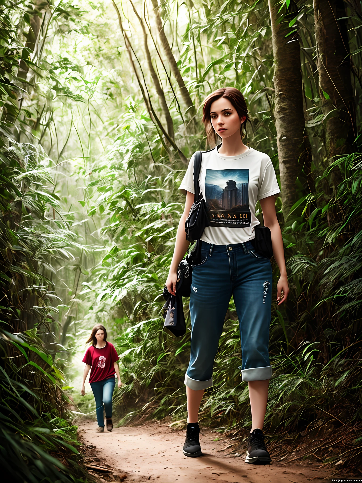 Adventurous girl, front image, walking in the jungle, full body, (intricate details), HDR, (intricate details, hyperdetailed:1.2), cinematic plane, centered, a beautiful cinematic masterpiece portrait of Tirkish girl with black weavy hair as lara croft from tomb raider, covered in dirt, treasure hunter, ((white basic teeshirt, full length shirt, tight torn jeans)), with a complex jungle background with ancient jungle ruins, by gil elvgren, by frank frazetta, by greg rutkowski, trending on artstation, featured on pixiv, hyper detailed, beautiful studio lights, intricate elegant digital painting, cinematic composition, dramatic pose, smooth, sharp focus, (((professional photography))),dappled light, romantic, HDR, highly detailed, hasselblad, 8k, hyper realistic, eye level shot, f1.4 aperture, 8mm film grain, cinestill 800, by Jean Paul Gaultier and Jules Bastien-Lepage and Stella McCartney, (((professional photography))),dappled light, romantic, HDR, highly detailed, hasselblad, 8k, hyper realistic, eye level shot, f1.4 aperture, 8mm film grain, cinestill 800