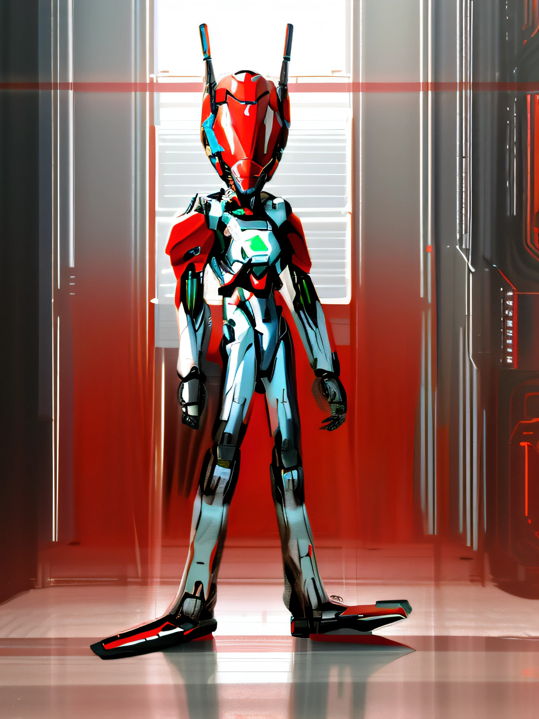 There is a robot standing in the middle of the room, sectetary, full body red mech, sci - fi character, Concept robot, anthropomorphic robot [ thing ], robot concept art, futuristic robot devil, Beautiful robot character design, sci - fi character, humanoid character, painterly humanoid mecha, Red mech, sci fi character concept