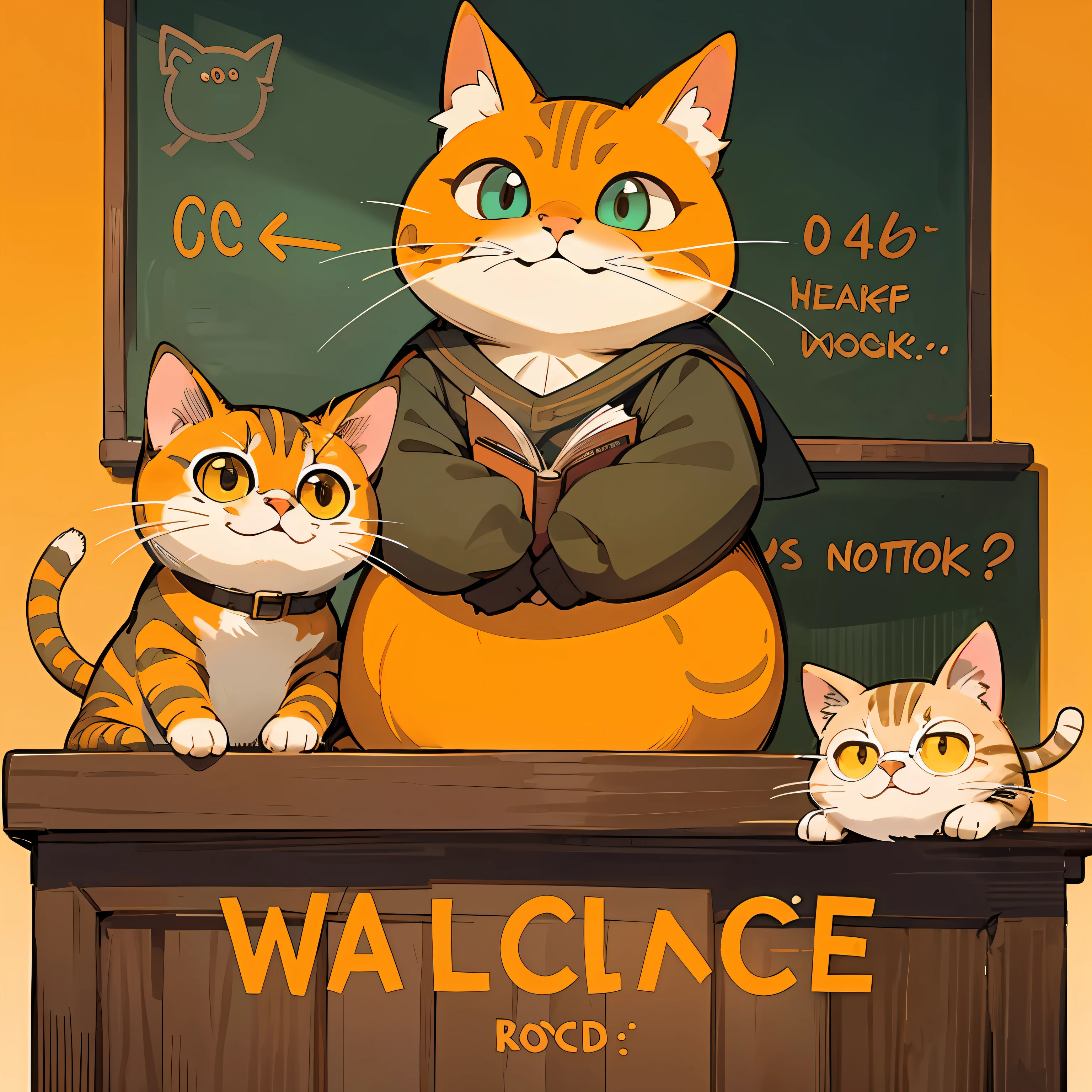 scene:Classroom, Bald cat, face round, Big eyes, Glasses, Smiling face and kindness, Book in hand, element in:Teaching whip, apple, blackboards, Ton:Warm tones, Orange, Yellow, Style:Cartoon, Cute, Round, text:Old fat cat