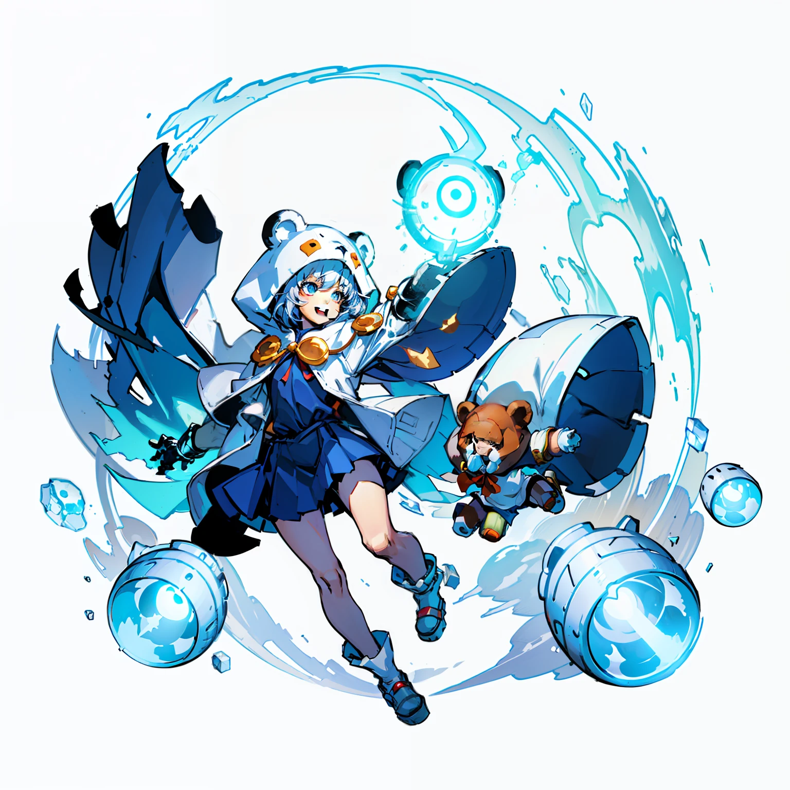 girl with, Smiling, Full body shot, No background, White background, 5years old, kid, Wearing a bear design hood, Esper, Floating objects with supernatural powers