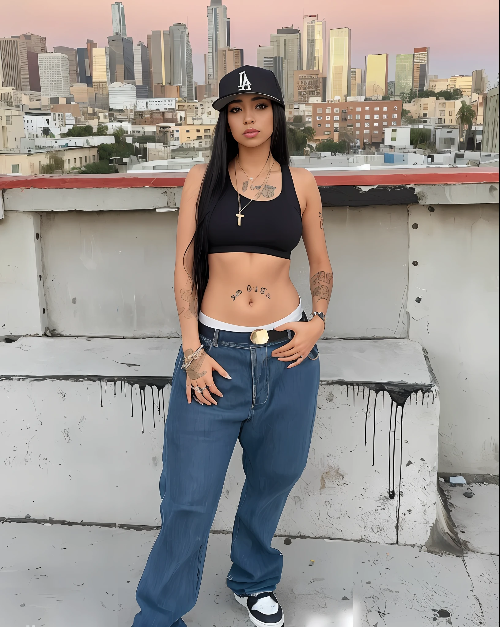 Obra maestra, increible joven mujer de hip hop la Suprema, 28 years old, Perforation of the ring in the nose, Amazing body, hermosa, demasiados tatuajes,Atractiva, elegante, Designer, negra, Graffiti, arte callejero, foto de vaquero, manos cuidadas.