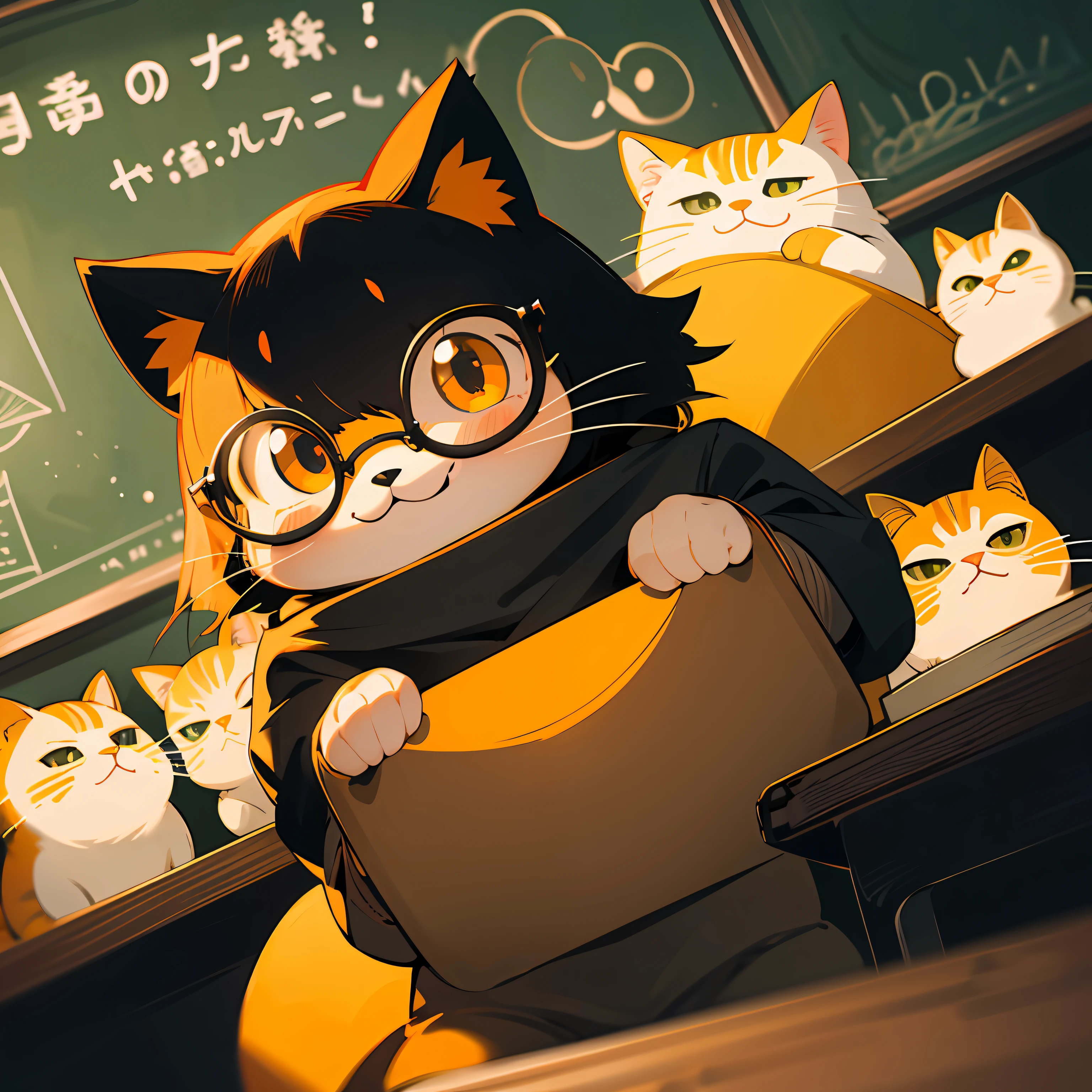Scene:Classroom, Cat, round face, big eyes, glasses, smiling face and kind, holding books in hand, Elements:Teaching whip, apple, blackboard, Tone:Warm tones, orange, yellow, Style:Cartoon, cute, round, Text:Old fat cat --auto