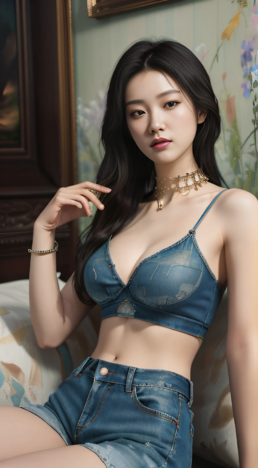 (Masterpiece, absurderes, Highly detailed:1.3), dream-state, Digital painting beauty, (Sitting, mature, Slim, Slender,) view the viewer, (Masterpiece), (Best quality:1.2), absurderes, Intricate details, skin indentation, cleavage, Huge breasts, (Highly detailed skin:1.2), (author:Alphonse Mucha Echo Chernik Megan Laura Cho Bingqiang), Sharp focus, Soft and colorful, Centered, symetry, picure, Intricate, voluminetric lighting, Beautiful, rich deep color, Ultra detailed, Digital painting, Mysterious magic, Focused, lush colors, Canon Eos 5d Mark IV and Fujifilm Superia X-TRA 400 film, (Extremely detailed oil painting:1.2), Glow effects, godrays, handpainted, Renders, 8K, rendering by octane, 4 d cinema, blender, Dark, Ultra-refined atmospheric 4K, cinematic sensual, Sharp focus, humorous illustration, great depth of field, Masterpiece, colours, 3d octane render, 4K, concept-art, trending on artstationh, Hyperrealistic, Vivid colors, Extremely detailed CG unified 8K wallpapers, trending on artstationh, trending on CGSociety, Intricate, High detail, Dramatic,1girll,Desert photography,(tee shirt),stocklings,Abdominal exudate,(denim short)(((leg loops))),Neck ring,((Wear a bracelet,choker necklace))(full bodyesbian:1.5