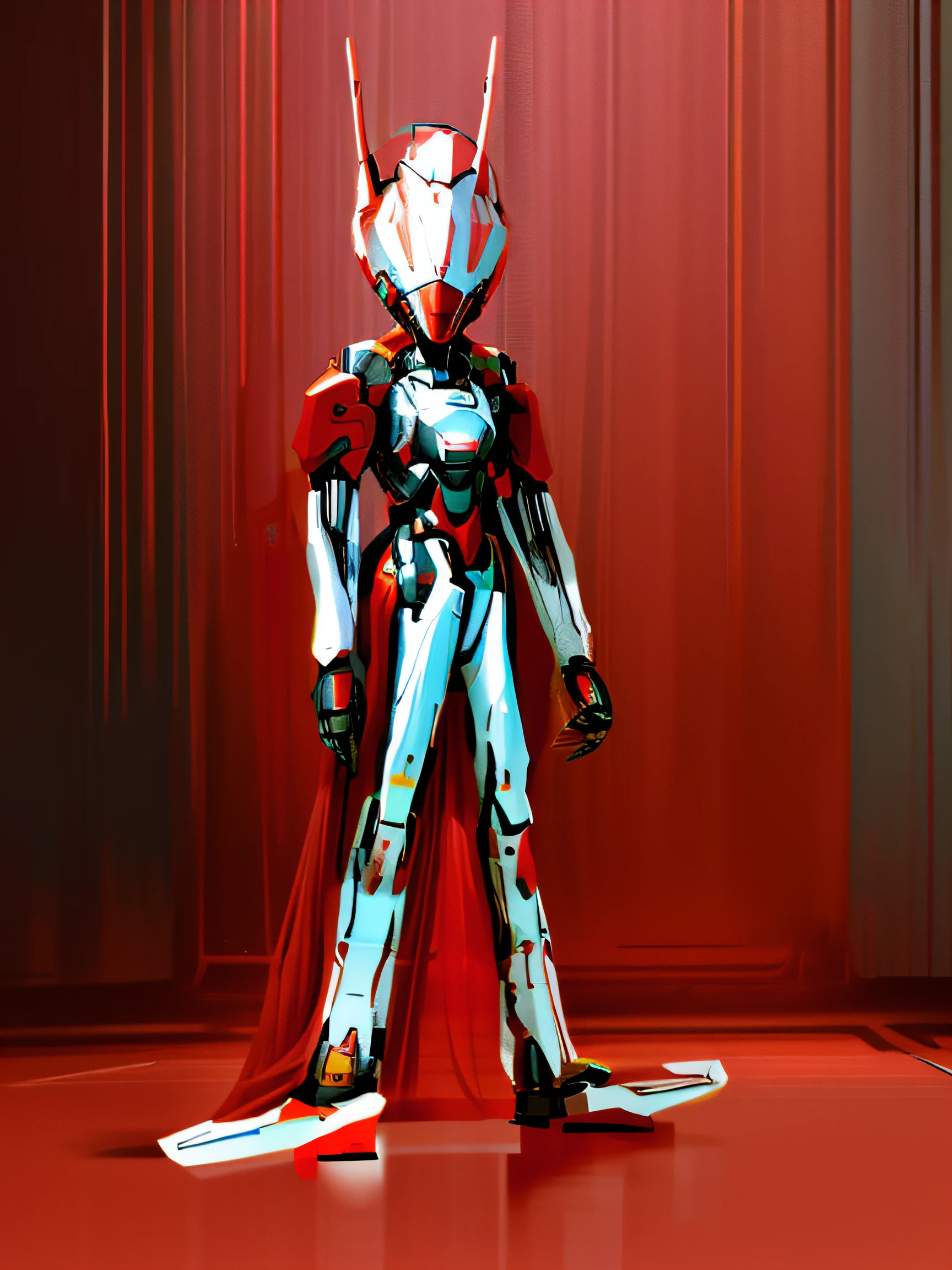 There is a robot standing in the middle of the room, sectetary, full body red mech, sci - fi character, Concept robot, anthropomorphic robot [ thing ], robot concept art, futuristic robot devil, Beautiful robot character design, sci - fi character, humanoid character, painterly humanoid mecha, Red mech, sci fi character concept