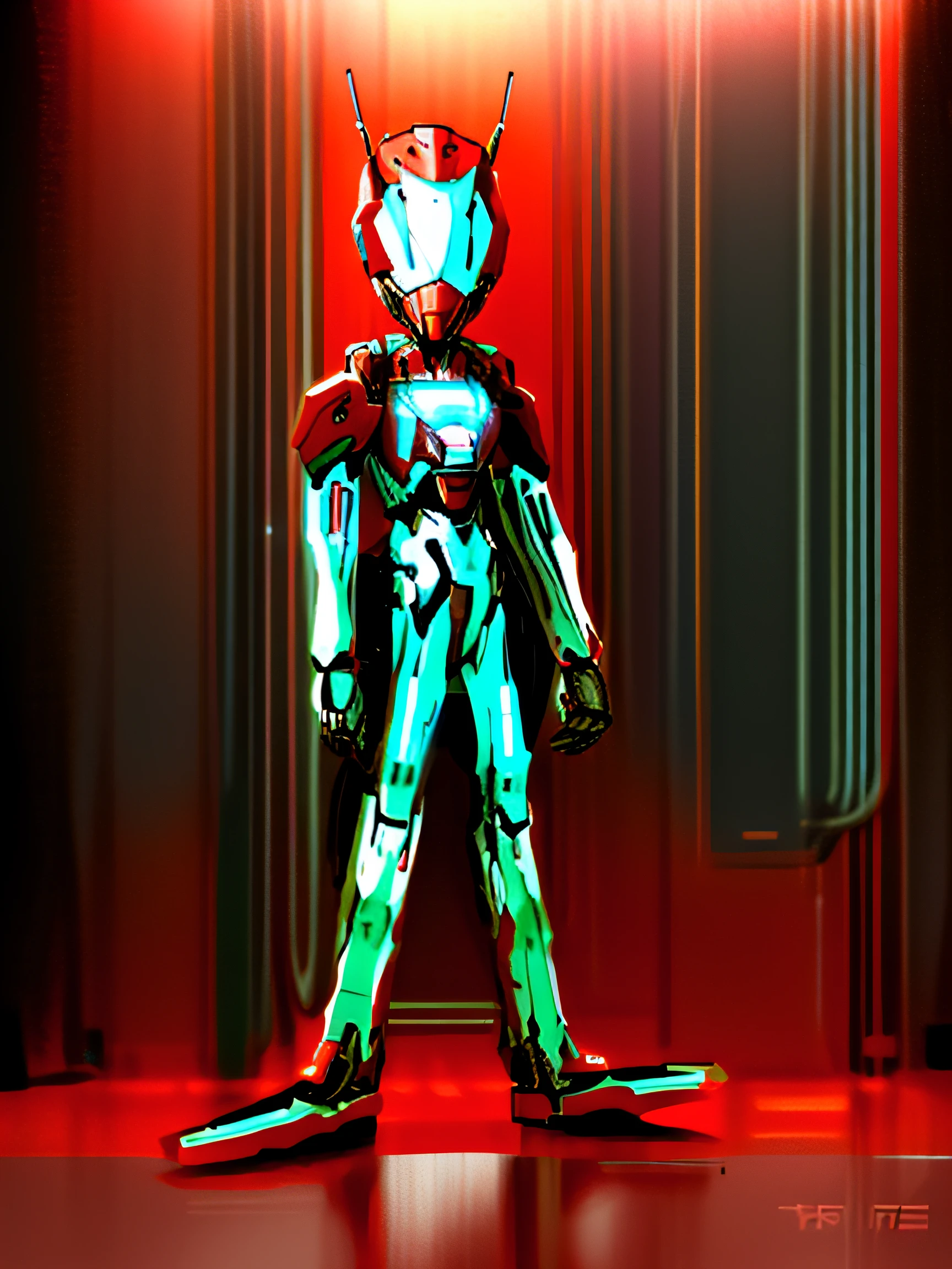 There is a robot standing in the middle of the room, sectetary, full body red mech, sci - fi character, Concept robot, anthropomorphic robot [ thing ], robot concept art, futuristic robot devil, Beautiful robot character design, sci - fi character, humanoid character, painterly humanoid mecha, Red mech, sci fi character concept