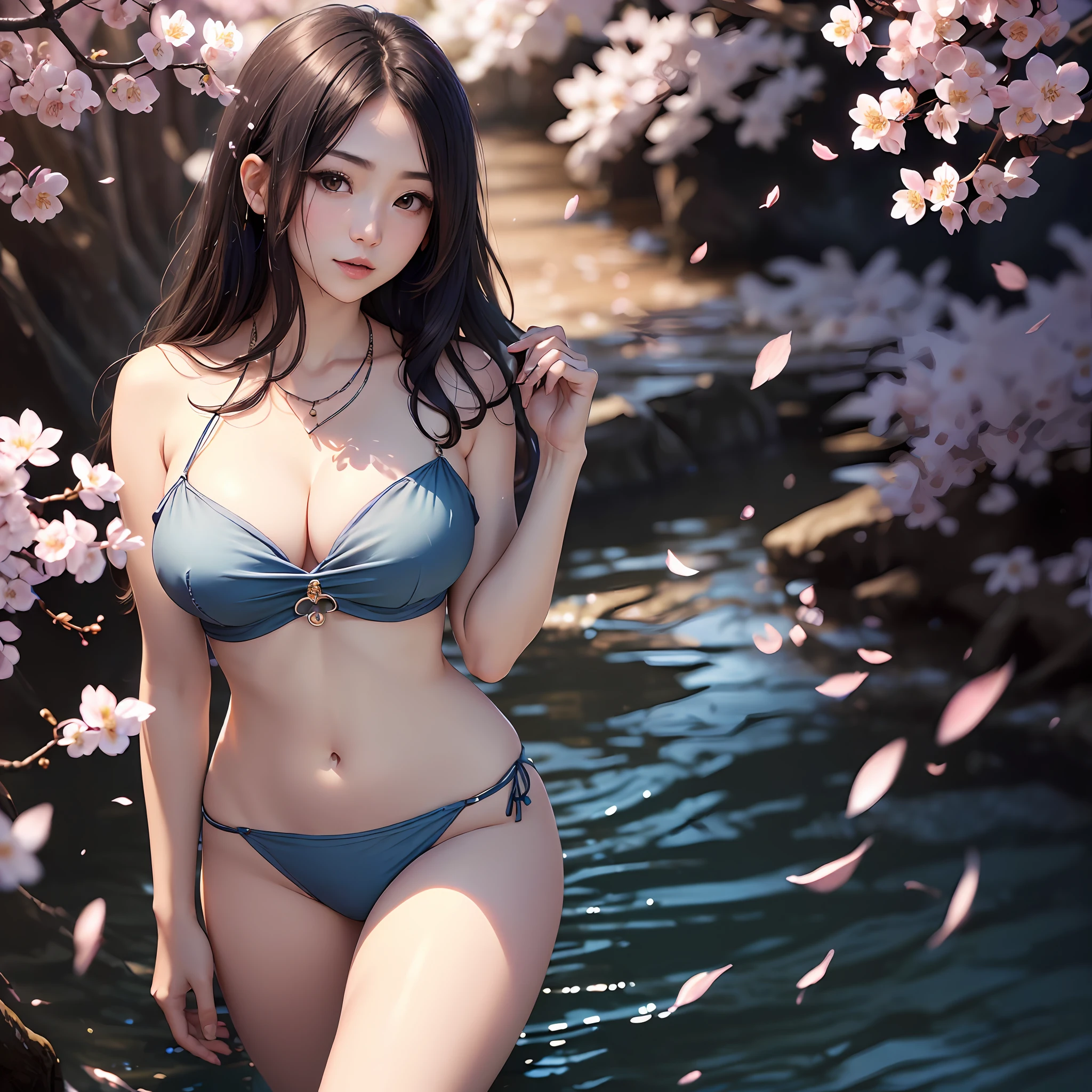 (top-quality、8K、masterpiece、nffsw:1.2)、Photo of a cute Japanese woman、Instagram models、large full breasts、semi long hair、Dark blue hair、The upper part of the body、sface focus、Tube Top、a necklace、Night cherry blossom background、From above、Look up at the viewer、 --auto