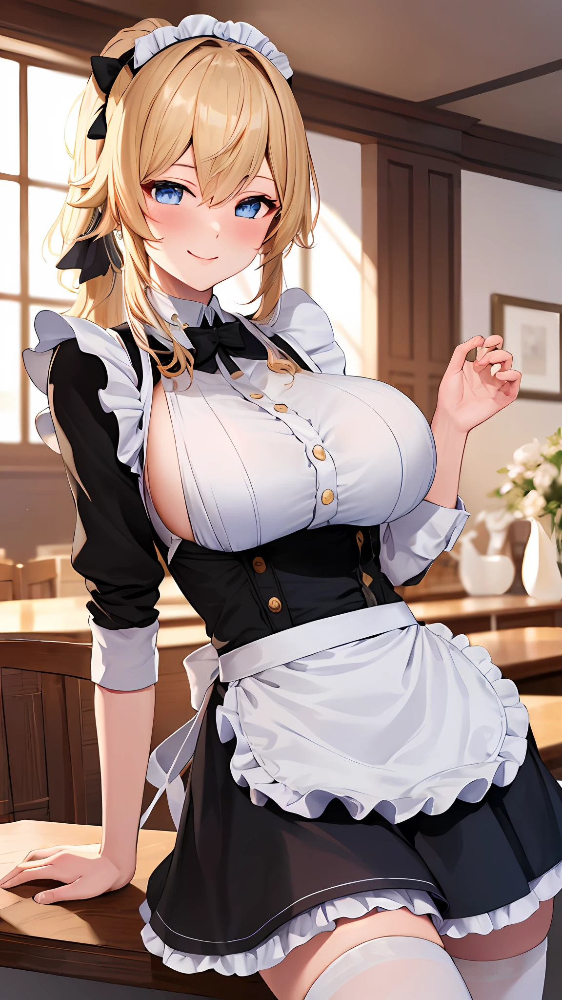 masterpiece, best quality, highres, Jean, genshin impact, blonde hair, blue eyes, pony tail, maid dress, meidofuku, maid uniform, maid, maid hairband, black skirt, stocking, cafe indoors, hands behind, standing, table, smile,  sexy pose, cleveage, breast out, blush,