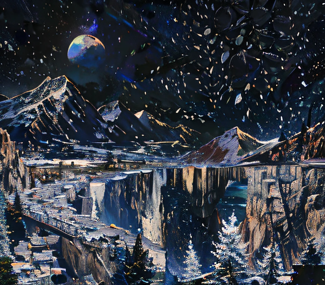 Arafeld painted mountain scenery with lake and moon, tapestries of dreams, Detailed artwork, Very detailed background, tapestry, highly detailed back ground, extremely high quality artwork, high detail artwork, Very detailed feeling, detailed dreamscape, view of the cosmos, highly detailed 4 k art, highly detailed dark art, extremly high detail, extremly high detail