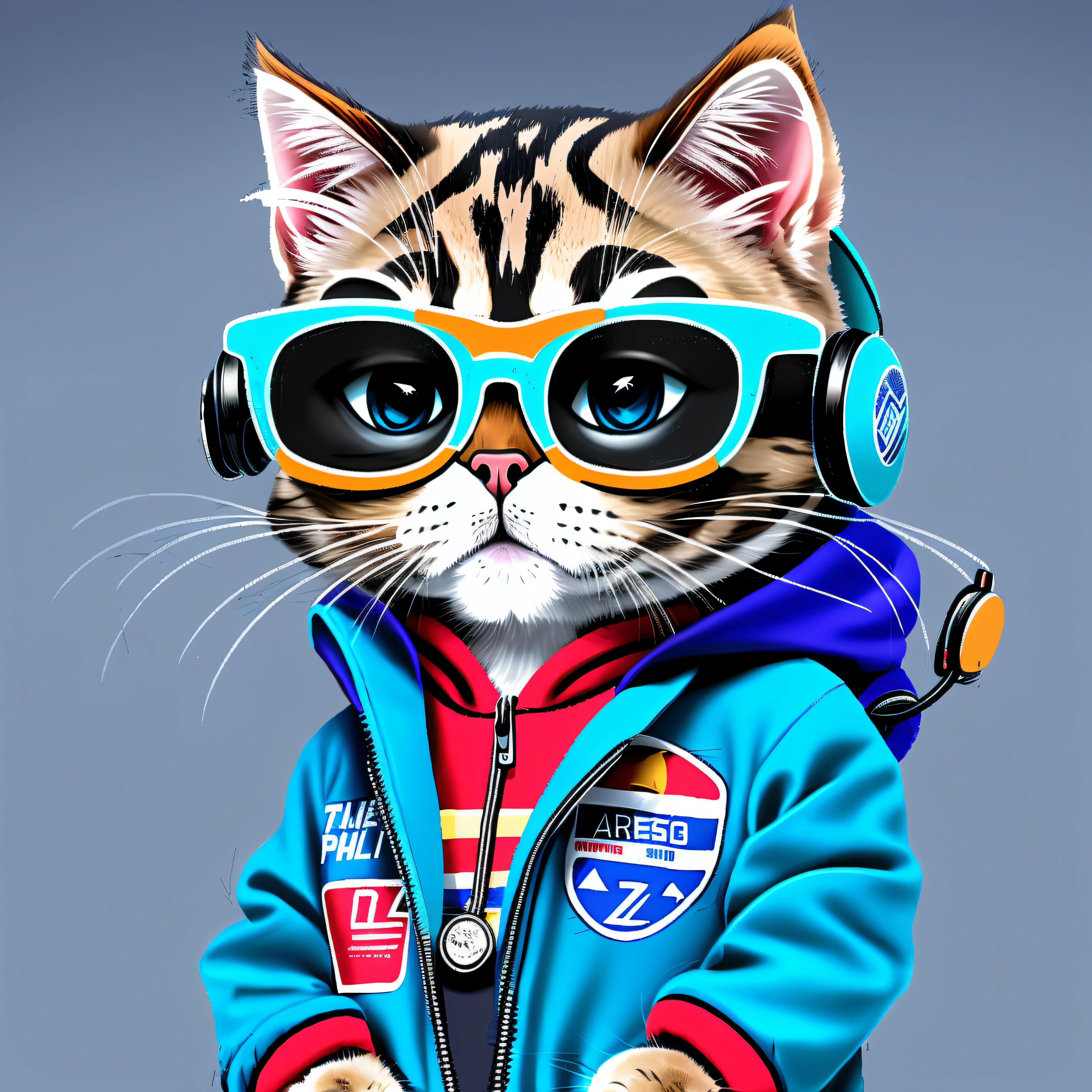 There's a cat wearing a jacket and sunglasses with a pair of headphones, in illustration style digital, arte digital detalhada bonito, gato cyberpunk, arte digital peluda, Gato. pintura digital, arte digital bonito, painting digital adorable, CyberGato, Fursona usando roupas estilosas, artista peludo, olhando heckin legal e elegante, stunning digital illustration, digital illustration -