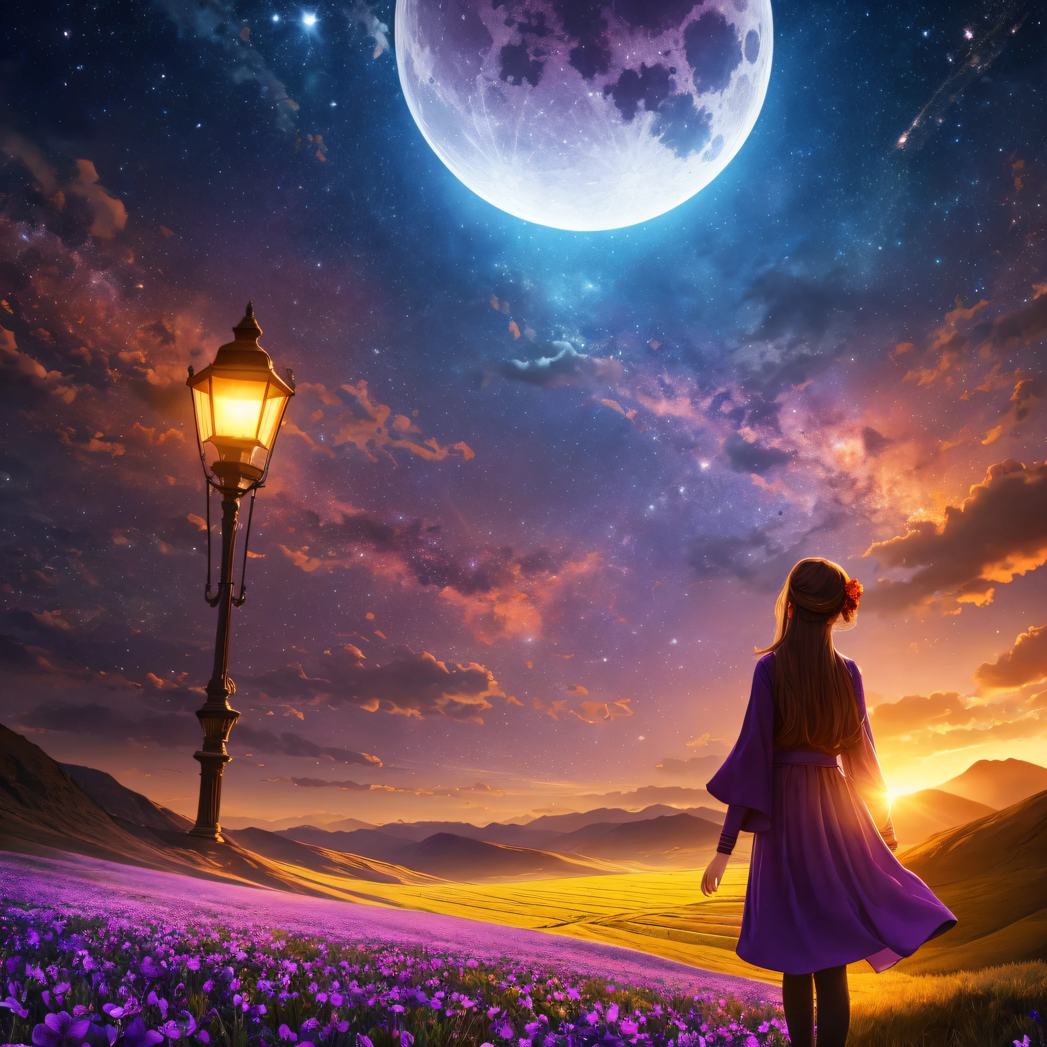 Expansive landscape photograph,(look from down,Above is the sky,Below are open fields),A girl standing on a flower field looking up,(moon full:1.2),(meteors:0.9),(Starcloud:1.3),Far Mountain, Tree BREAK making art,(Warm light source:1.2),(glowworm:1.2),lamp lights,Lots of purple and orange,Complicated details,Volumetric lighting BREAK(tmasterpiece:1.2),(best qualtiy),4k,ultra - detailed,(dynamic compositions:1.4),detail-rich,plethora of colors,(Irridescent color:1.2),(with light glowing,Atmospheric lighting),dream magical,magical,(独奏:1.2)Generate 2K images --auto