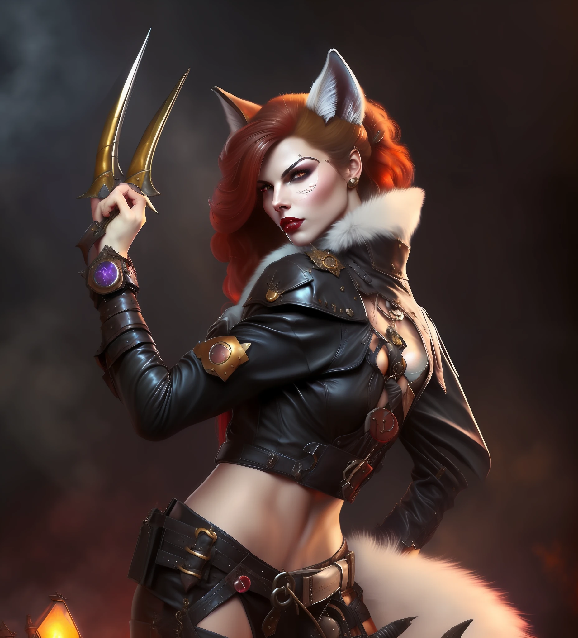 Une femme en veste en cuir Steam Punk griffes sortant des phallanges de sa main,avec des oreilles et une queue de loup, un portrait de personnage par Yang J, Gagnant du concours Artstation, Art de la fourrure sur les oreilles et la queue, Joli loup avec visage et corps humain, griffe de la main comme Wolverine, Sexy high quality weregirl, Seductive Steampunk dark fantasy, Fille loup, Femme assassin, Belle jeune fille-loup, fille Loup Steampunk, steampunk femme fatale, Furry Fantasy Art, Loup anthropomorphe femelle