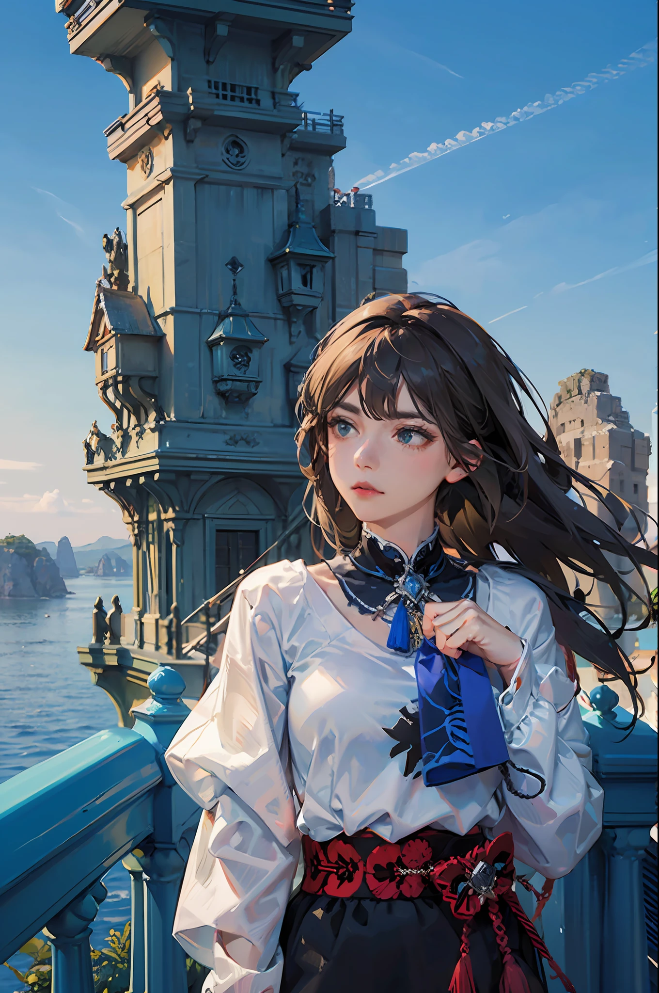 ((​masterpiece)),Delicate touch,Delicate background,dressed casually,spot lighting,One woman in the center,Looking into the distance,Eyes are distracted,((horizon))(((Fantastical))),((Fantastic background)),(Fantastical)