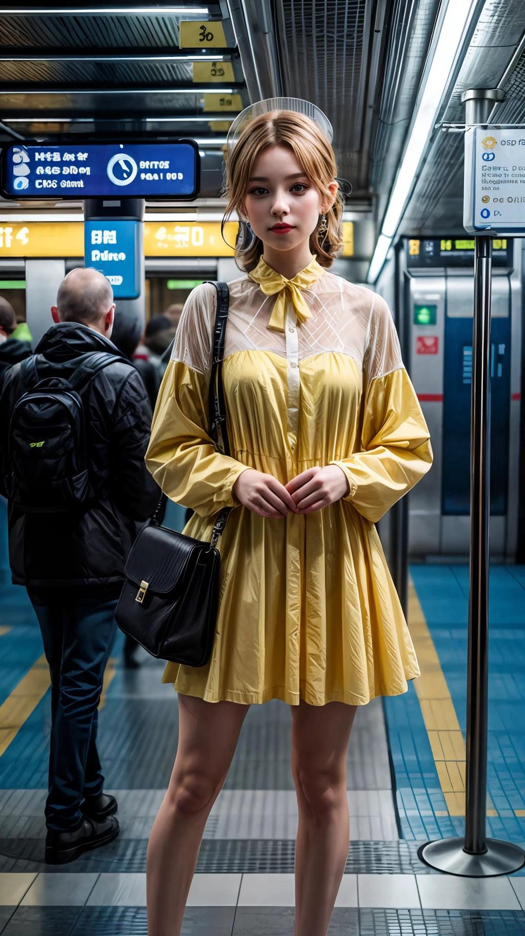 (1girl), solo, russian_race, wearing(yellow-dress), photo(medium), standing, (straight-on:1.25), background(futuristic-metro_station, blurry:1.35), (photorealistic, absurdres, best_quality),