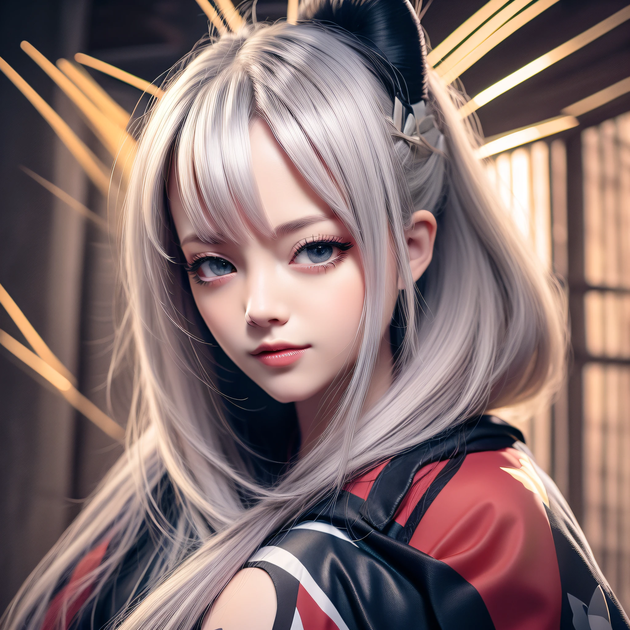 hair bobbles, wince, long eyelasher, solid circle eyes, Fake animal ears, Light smile, Ear blush, Fang, White hair, black hair band, Colored inner hair, Asymmetrical hair, hair adornments, stifled laugh, Ray tracing, 8K, Super detail, ccurate, Best quality, hyper HD, A high resolution, Masterpiece