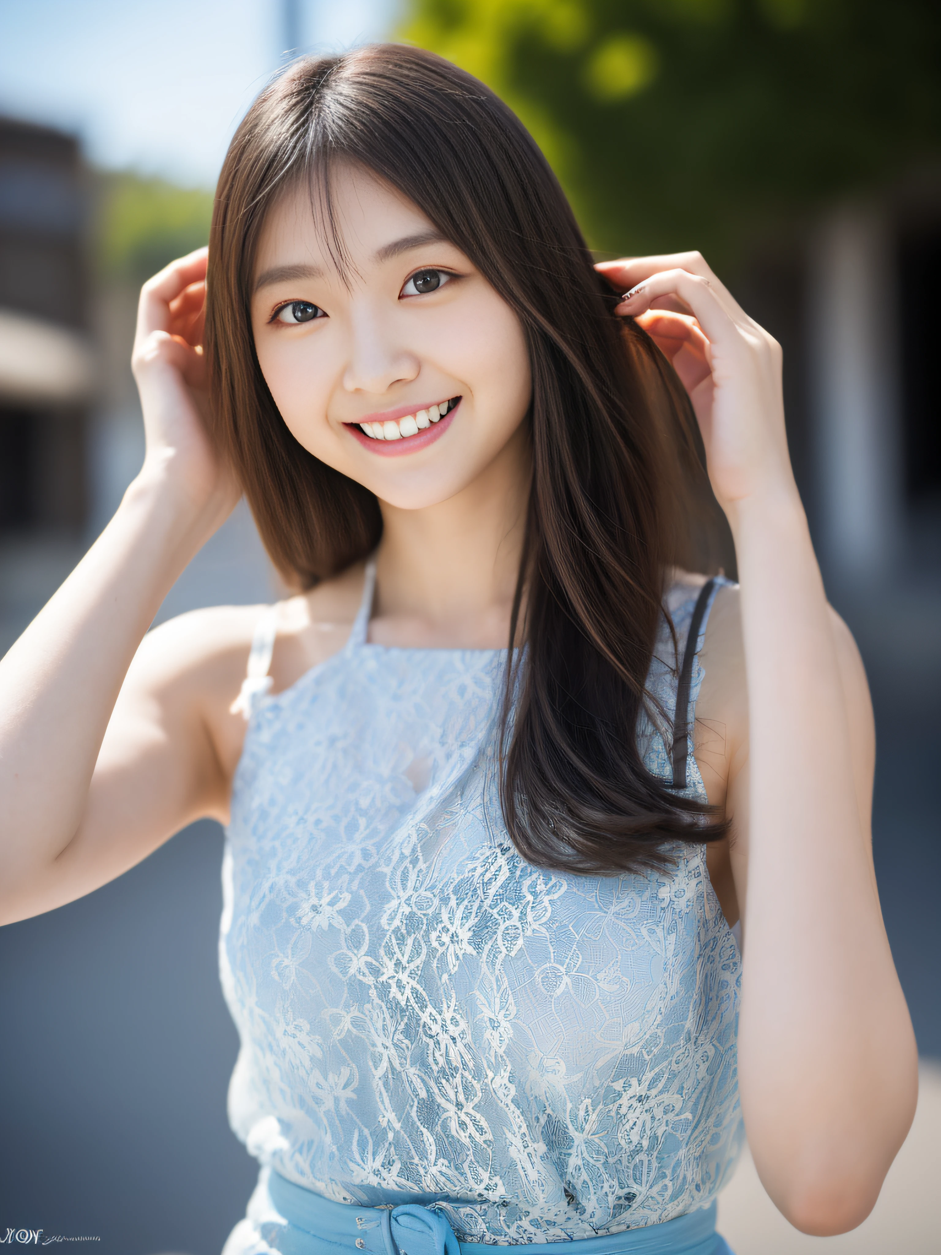 (Best Quality, masutepiece, hight resolution, High resolution:1.37), (Raw photo:1.2),in 8K, Very detailed image, Beautiful idol woman in Japan posing on street corner in top quality light blue dress、Japanese beautiful actress、 1 a person、(18year old), (fullllbody:1.2)、A slender、with light glowing、blur backgroun、bokeh dof、outside of house、(Street:0.8)、(a person々、Large crowds:1)、(lace-trimmed),doress:1.5、Sveless dress、Water-colored suit、Light blue high neck dress:1.2、Blue Dress:1.5)、a gorgeous(short-hair、Forehead:1.2)、Beautiful sky with details、耳Nipple Ring、(dynamicposes:1.2)、 (The upper part of the body:0.8)、Sofghting、the wind、glowy skin、A smile、Slender face、Round face、Fashion Model Posing, Left hand on hip,