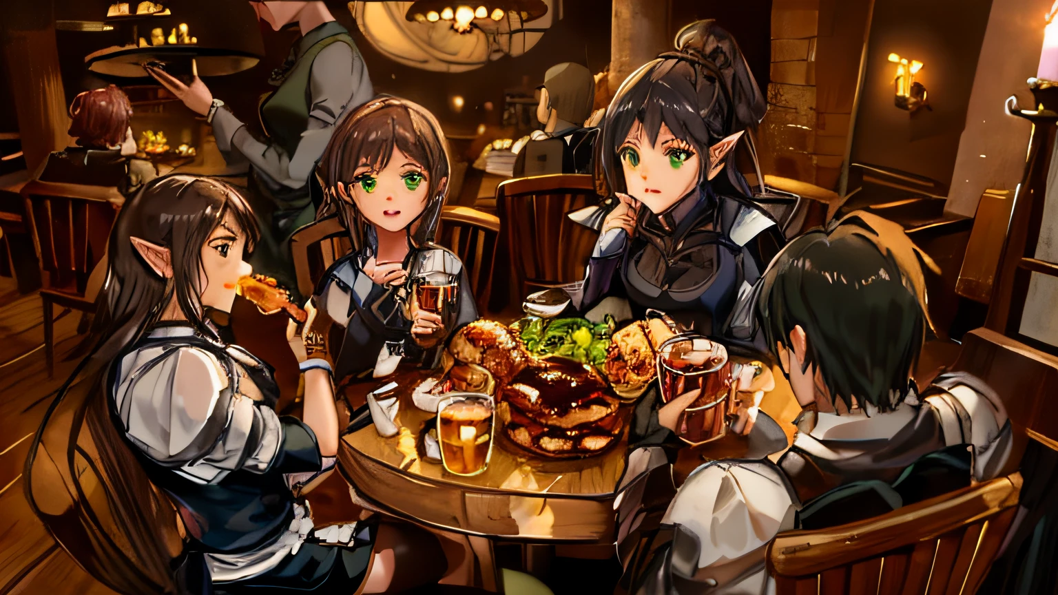 A man with black hair and armor eating chicken legs and holding sausages，A man with black hair and black clothes holds a beer glass，A pink-haired beauty holding a bagel，A brown-haired elf wears a green dress，Sit in front of a table of good food，Wooden stools，The waitress holds a wine glass，Adventurers who eat，Candle on a wooden pillar，Medieval hotel hall，Dining hall，In the cafeteria at night，Noisy atmosphere，