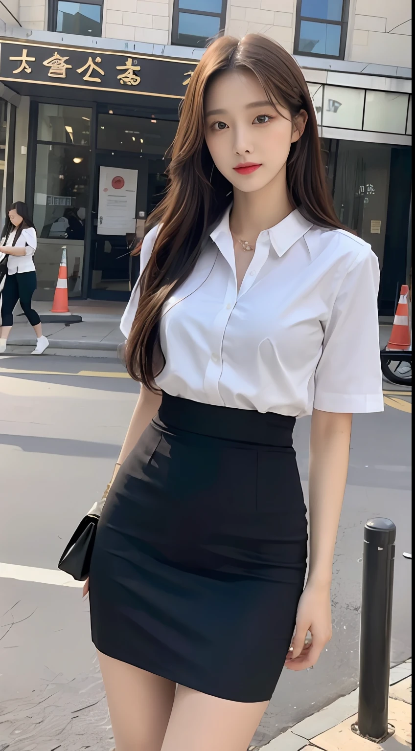 (1 Korean star with royal sister style), ((best quality, 8k, masterpiece: 1.3)), focus: 1.2, perfect body beauty: 1.4 , (funny expression), (city street: 1.3), highly detailed face and skin texture, fine eyes, double eyelids, whitening skin, (air bangs: 1.3), (round face: 1.5), (slim hip skirt: 1.4),