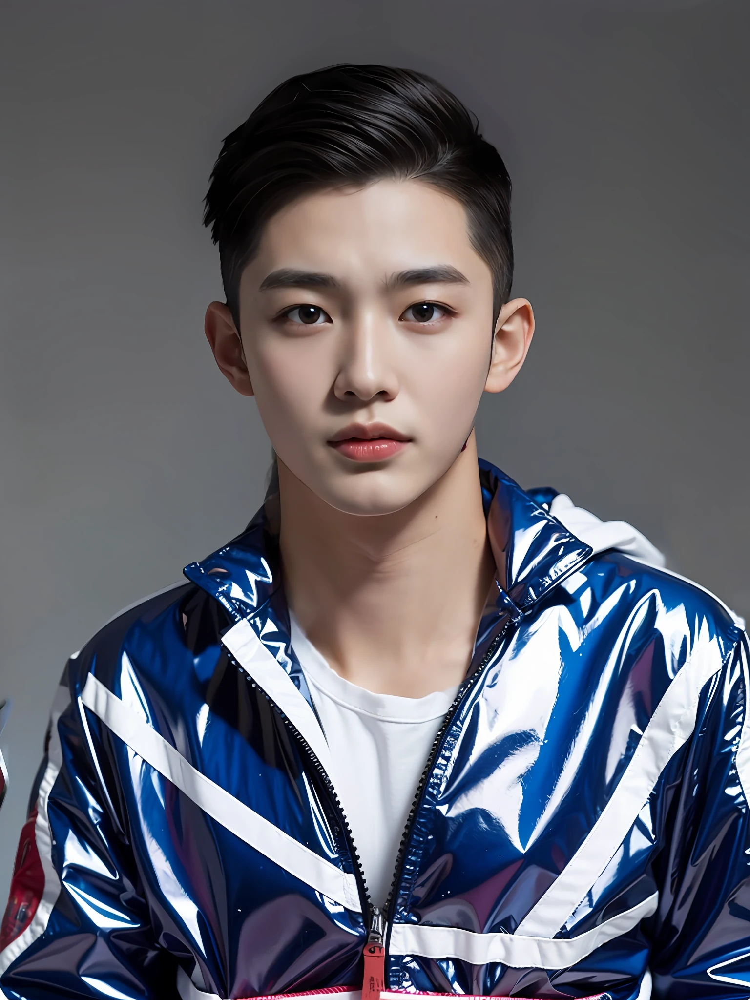 A Chinese male high school student，Wearing sky-blue PVC casual clothes