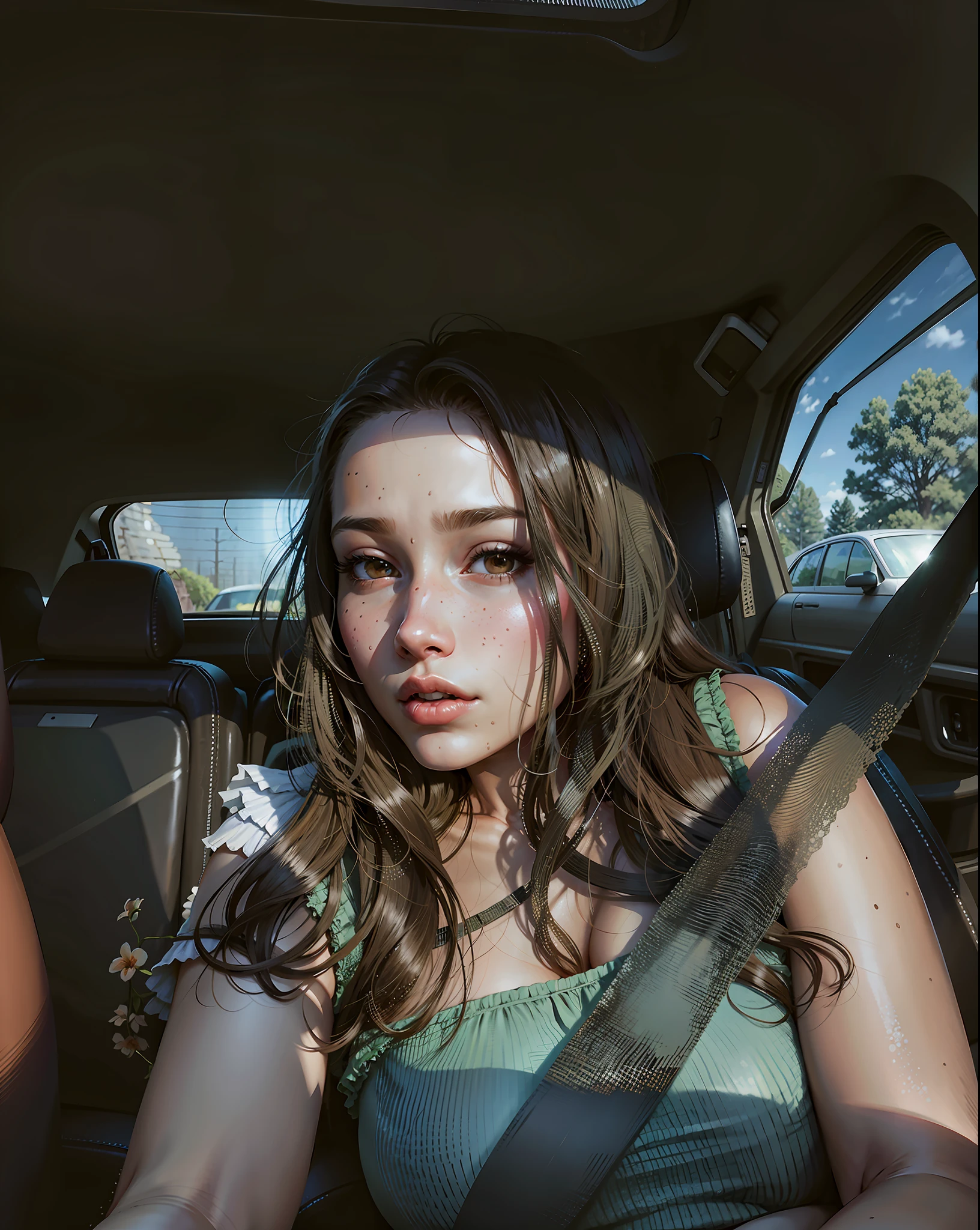 a hyper-realistic portrait of a young woman, under a tree, inside a forest, in the middle of nature, 22 years old, realistic, (lying on her side), sexy, (huge breasts 2:1), short brown hair, (hair tied with bows), curved, SFW