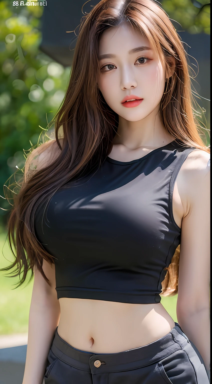 ((top quality, 8k, masterpiece: 1.3)), sensual woman, 1 girl, (slender figure: 1.2), dark brown hair, (outdoor, shirt, shorts: 1.1), ultra detailed face, detailed lips, detailed eyes, double eyelids, (huge breasts: 1.2)