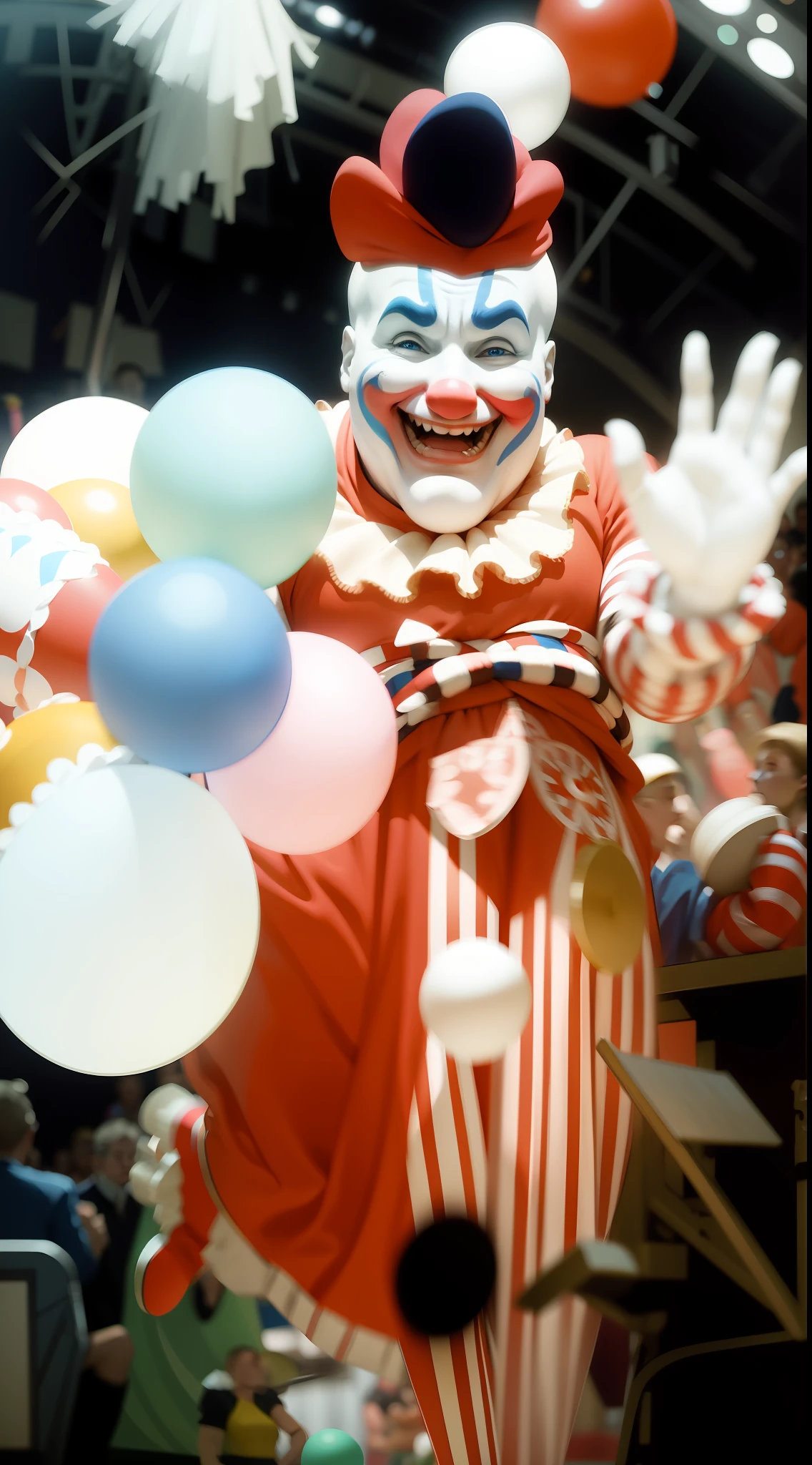 /imagine prompt: Inside a bustling circus tent, a plump clown with a face painted in bold blue, white, and red stripes, performs an act of hilarity and skill. He stands on a small platform in the center ring, juggling an array of colorful balls and bowling pins. His bright red and white clown outfit is adorned with shimmering sequins and bells that jingle with each movement. The audience, filled with people of all ages, watches in awe and amusement. Their faces reflect excitement and wonder as they are captivated by the clown's performance. The circus tent is vibrant and lively, with colorful flags hanging from the ceiling and a large carousel in the background. The atmosphere is electric, buzzing with anticipation and joy. The style for this image is a dynamic illustration that captures the energy and movement of the circus performance. The colors are rich and vibrant, and the lines are fluid, emphasizing the clown's dynamic poses and the swirling patterns of the juggling objects. This illustration will be executed digitally, allowing for precise detailing and vibrant colors, enhancing the overall sense of excitement and spectacle. --ar 16:9 --v 5 --auto