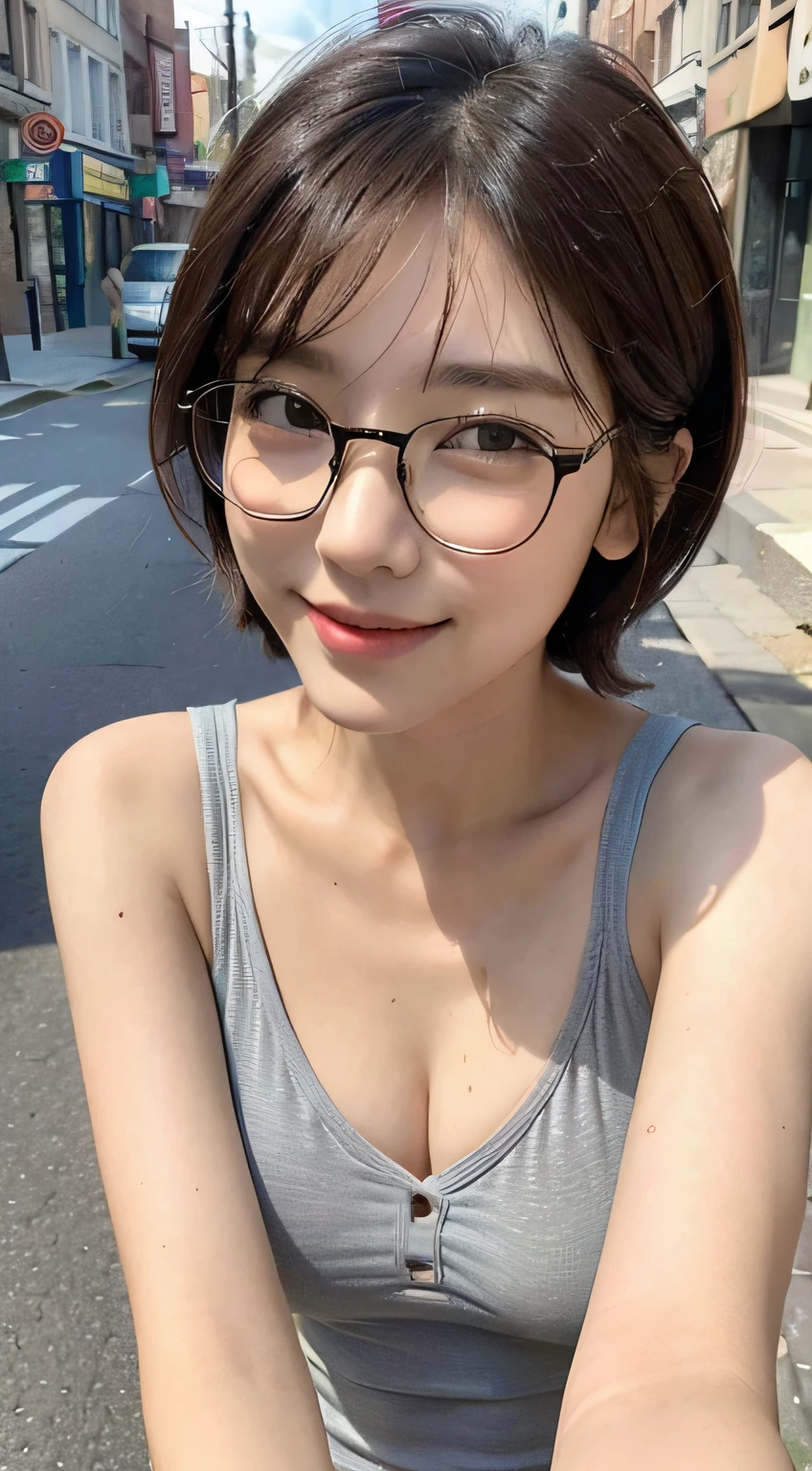 ((top-quality、8K、masterpiece:1.3))、selfy、Beautiful woman with perfect body shape:1.4、(Brown short-cut hair、small tits:1.3)、Casual wear、In the street、Highly detailed facial and skin texture、A detailed eye、二重まぶた、A smile:1.5、Glasses、full bodyesbian