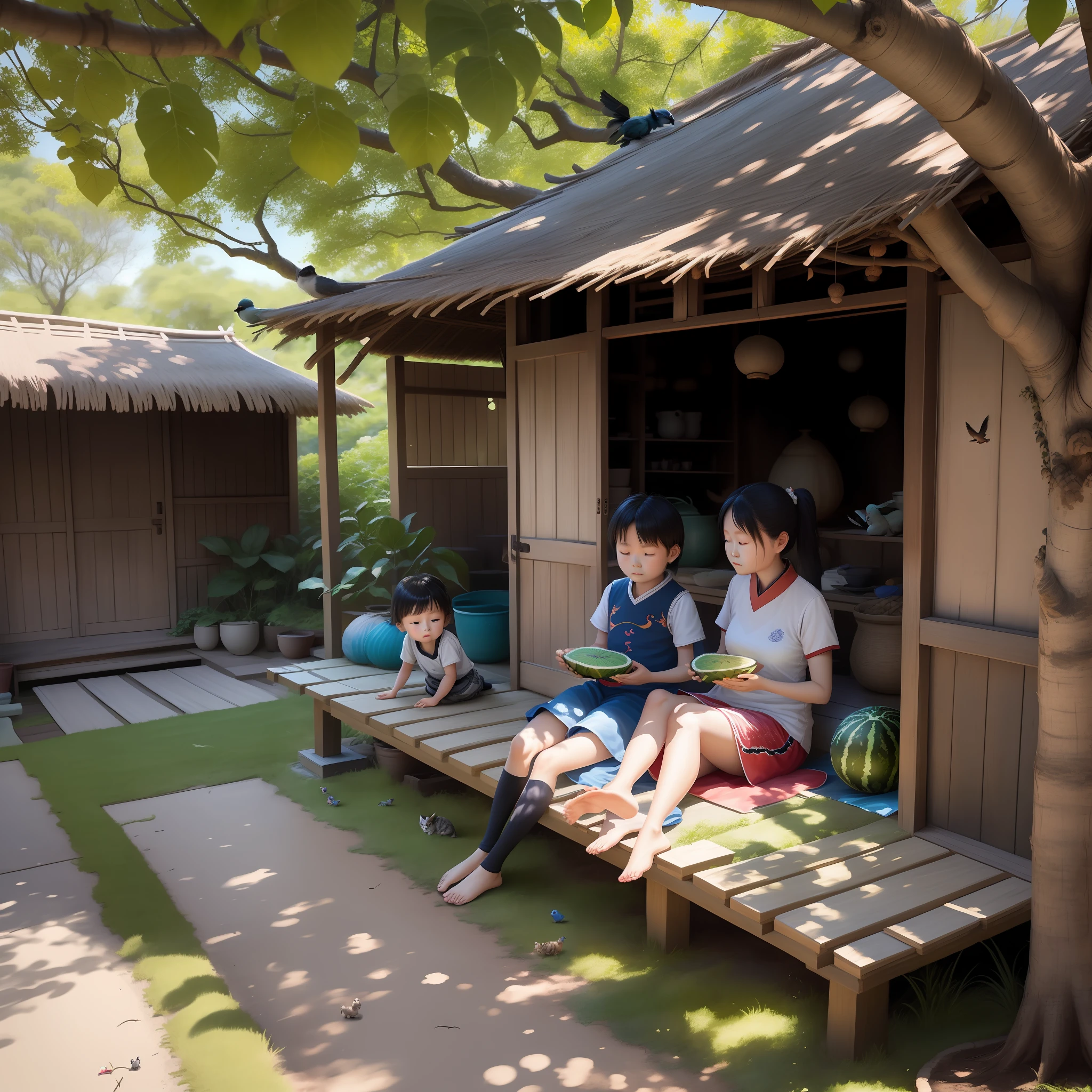 Chinese lunar solar terms:Heat rush。Small children in the shade of trees,Eat watermelon on the mattress,The kitten lay lazily on its belly next to it,Grandma fanned on the side。There are a few small birds stopping and jumping above the tree,In the thatched hut, the mother came out of the thatched curtain。