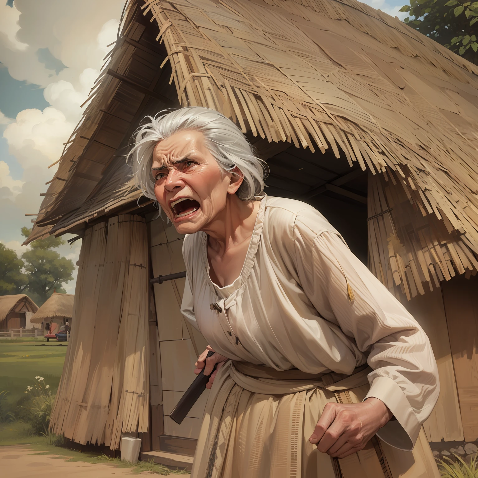 (An old woman stands akimbo, angry)
(Expletive)
(in front of a thatched hut)