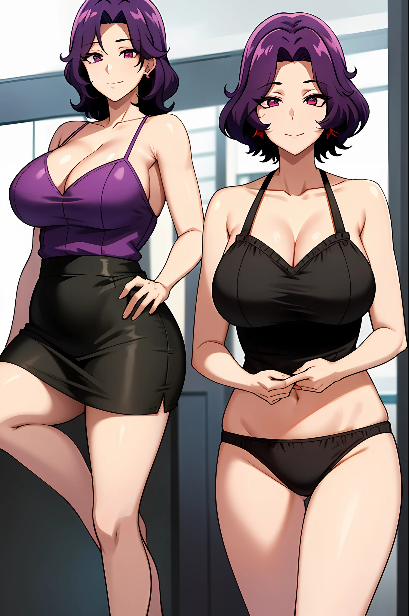 best qualityer,(tmasterpiece:1.2),highly detailed,sitted,Mature woman,
1girll, 独奏, hamaoka azusa,
looking at viewert,ssmile,,
Purple eye,Purple colored hair,short detailed hair,green-shirt,Red bra strap,Full buttocks,plumw,big breasts body
