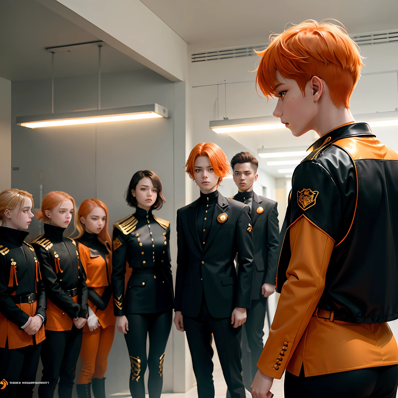 A group of -yelds iaining trained in ilera have orange hair and orange eyes and wear stylish black and gold etiquette suits..