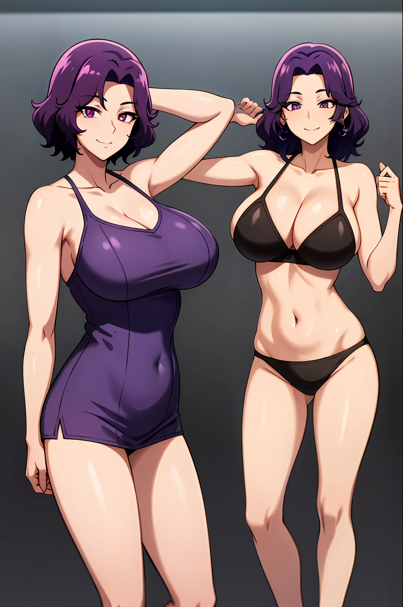 best qualityer，（tmasterpiece：1.2），highly  detailed，sitted，Mature woman，
1girll， 独奏， hamaoka azusa，
looking at viewert，ssmile，，
Purple eye，Purple colored hair，short detailed hair，green-shirt，Red bra strap，Full buttocks，plumw，big breasts body