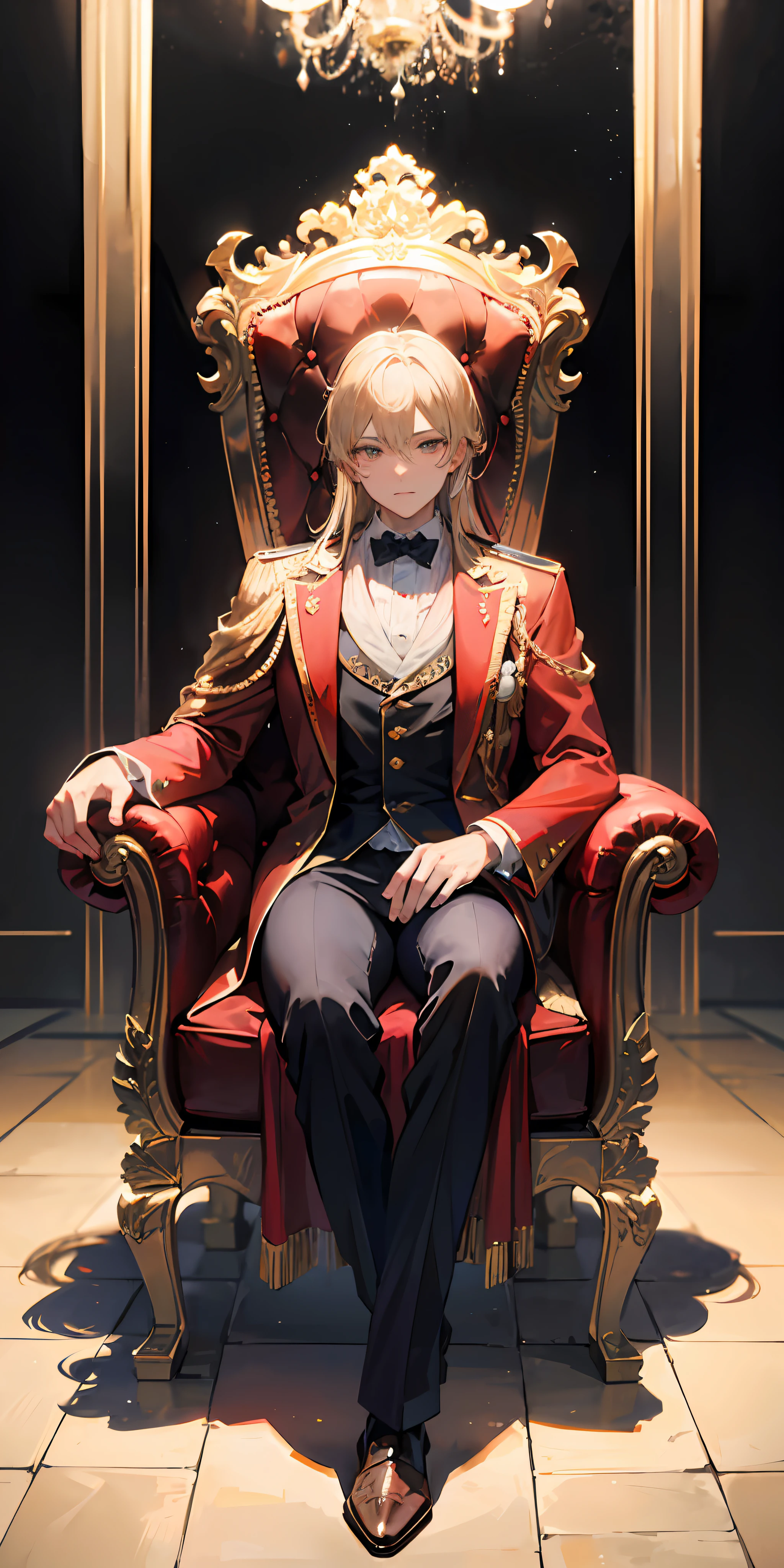 "(mid age King), (elegantly dressed in western royal attire), majestically seated on a golden throne, against a lavish royal wall backdrop, captured in a full body shot."