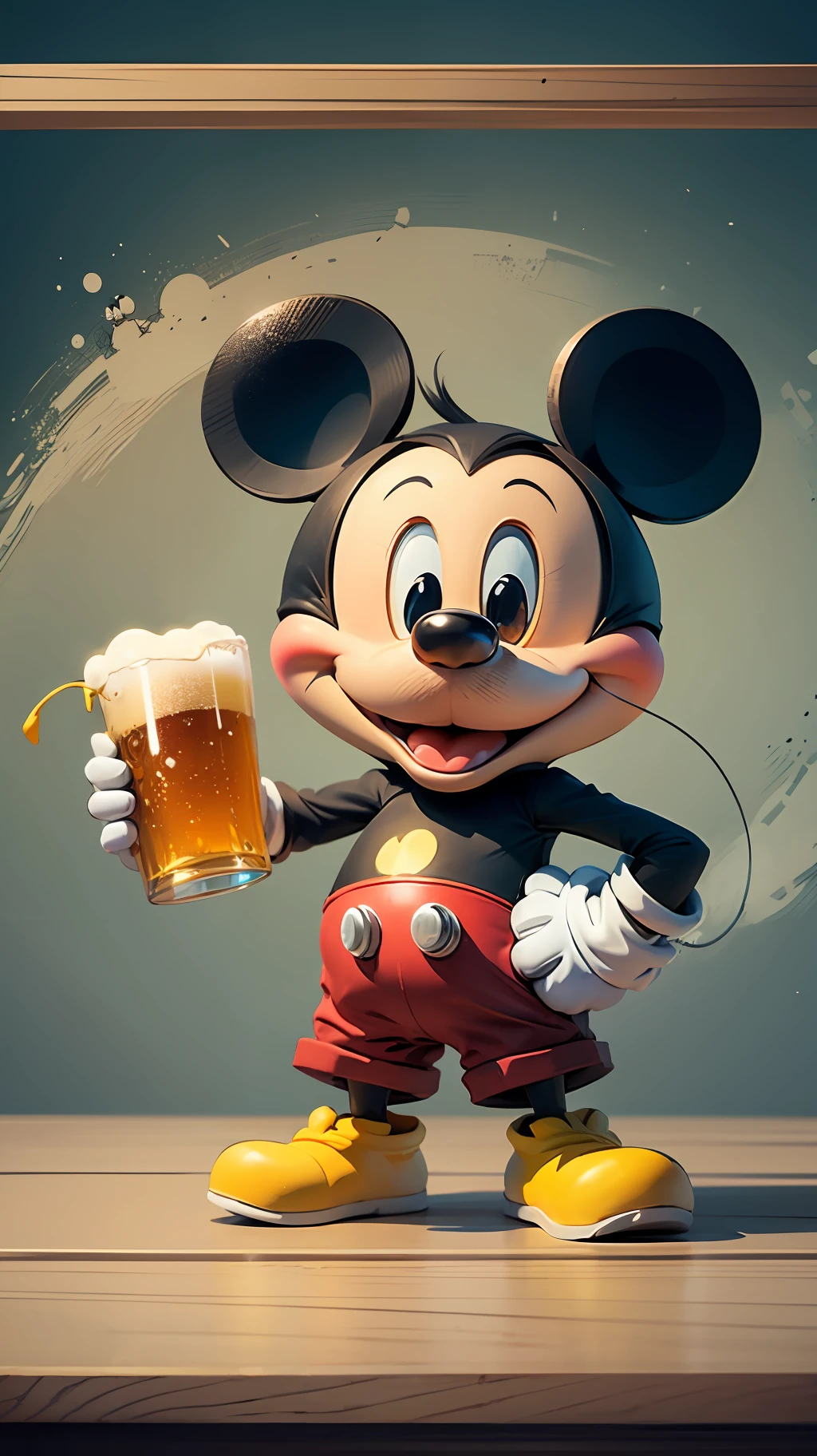I want you to make a minimalist, 2d, vectorized drawing of mickey mouse drinking beer, drunk and colorful --auto --s2