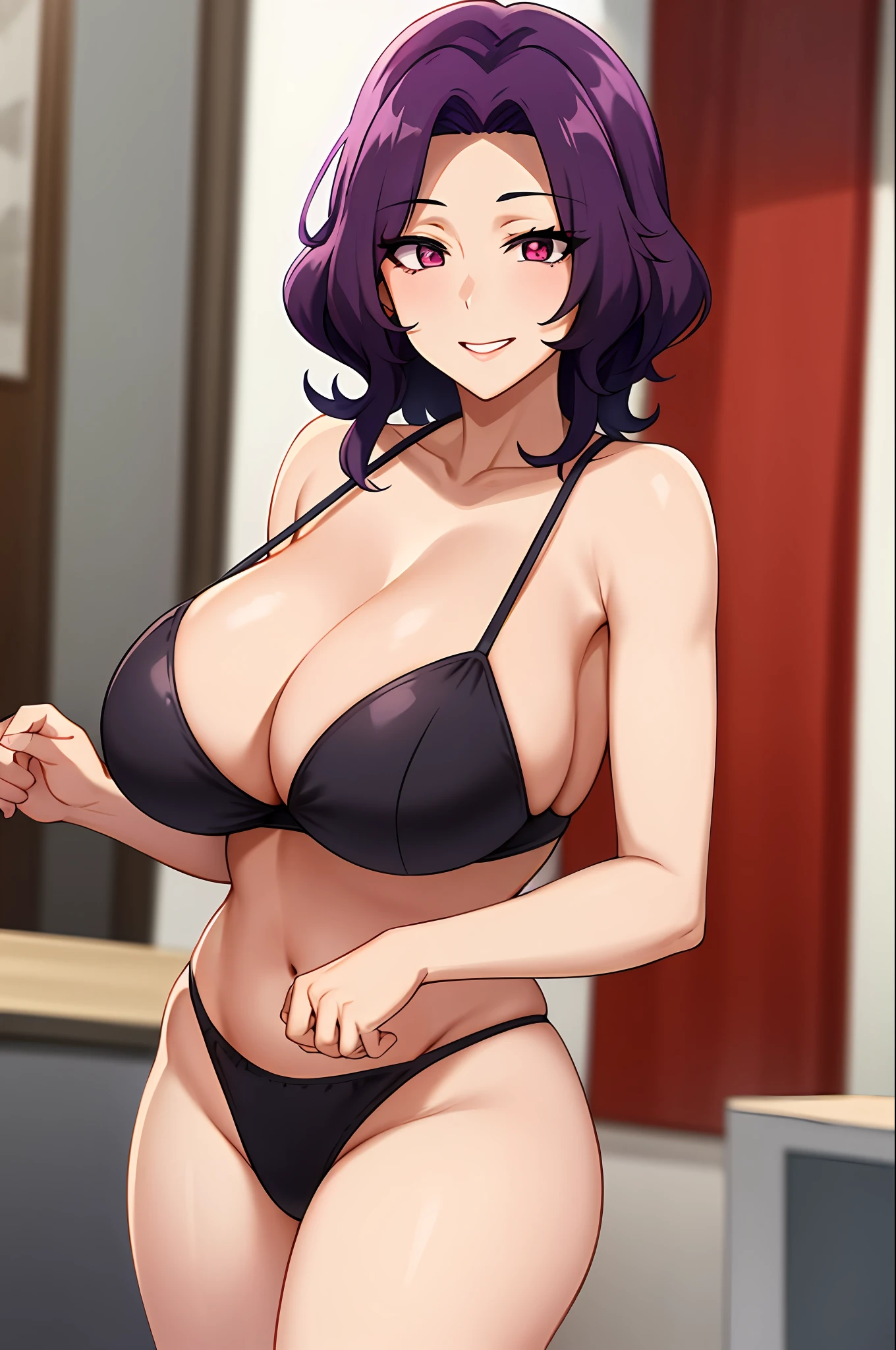 best qualityer，（tmasterpiece：1.2），highly  detailed，sitted，Mature woman，
1girll， 独奏， hamaoka azusa，
looking at viewert，ssmile，，
Purple eye，Purple colored hair，short detailed hair，green-shirt，Red bra strap，Full buttocks，plumw，big breasts body