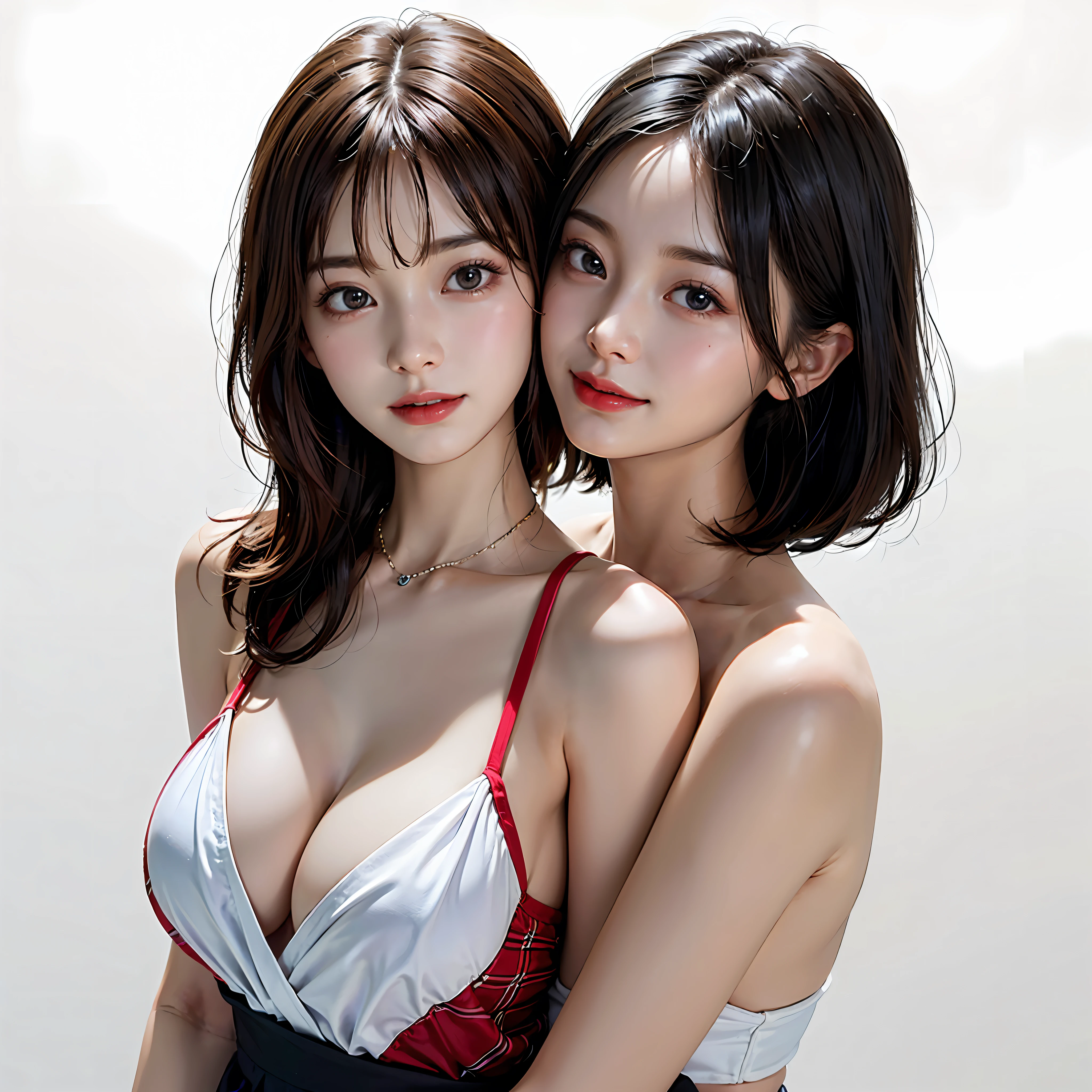 ((Immaculate white background with nothing really、short hair with clean 46-point bangs,,,,,,,,,Shorthair、Look firmly at the camera))、masterpiece、masterpiece、top-quality、top-quality、realisitic、Unity、8k wallpaper、Official art、Highly detailed CG Unity 8K wallpapers、ulzzang-6500、(Original: 1.2)、(realisitic: 1.4)、ultra-detailliert、hight resolution、ultra-detailliert,splendid, finely detail,teats、Lightly open your mouth、(Random color micro bikini)、shorth hair、 lighting like a movie, (1girl in ), (real looking skin:1.2), (de pele branca:1.2),(very Bigger breasts), Beautiful Girl Beautiful Details、Highly detailed eyes and highly detailed face、Eyes with beautiful details、huge filesize、ultra detailed and beautiful、Brown eyes、model shoot tyle、full body photographed、Professional Lighting、(Tiny red micro bikini、big breasts thin waist)、耳Nipple Ring、(A pure white room with really nothing)、Pose Seductive、huge-breasted、Seductive look、Big Areola、Beautiful areola、Black hair、Very ridiculous、Ridiculous、smiling slightly、Close your mouth and smile、Two people facing each other and hugging happily、Two people hugging each other happily、Two people hugging each other tightly、Two people put their cheeks together、Two people touching cheeks with cheeks、Both of them are staring at the camera slightly above、Look firmly at the camera、Lesbian couple、Lily couple、((Bring your cheeks together、30-years old、Both supermodels are 190cm tall、high-angle、Look up at the camera at the top))、Two pretty and pretty girls、masterpiece、top-quality、realisticlying、realisitic、Seductive bright smile、Both of them have short clean hair with bangs、bangss、bangss、Both have short hair、clean hair with bangs、Short sleeve white shirt with collar、White shirt with collar、(Plaid pleated skirt)、enticing eyes、Both have very large breasts、very Bigger breasts、Big ass、big breasts thin waist、(cleavage of the breast)、(Immaculate white background with nothing really)、ighly detailed、Very tall、neck long、the neck is long、Straighten your back、coolie