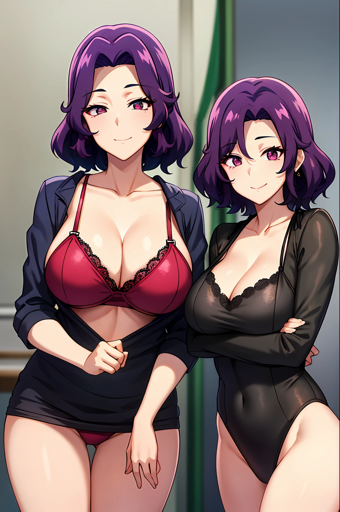 best qualityer，（tmasterpiece：1.2），highly  detailed，sitted，Mature woman，
1girll， 独奏， hamaoka azusa，
looking at viewert，ssmile，，
Purple eye，Purple colored hair，short detailed hair，green-shirt，Red bra strap，Full buttocks，plumw，big breasts body