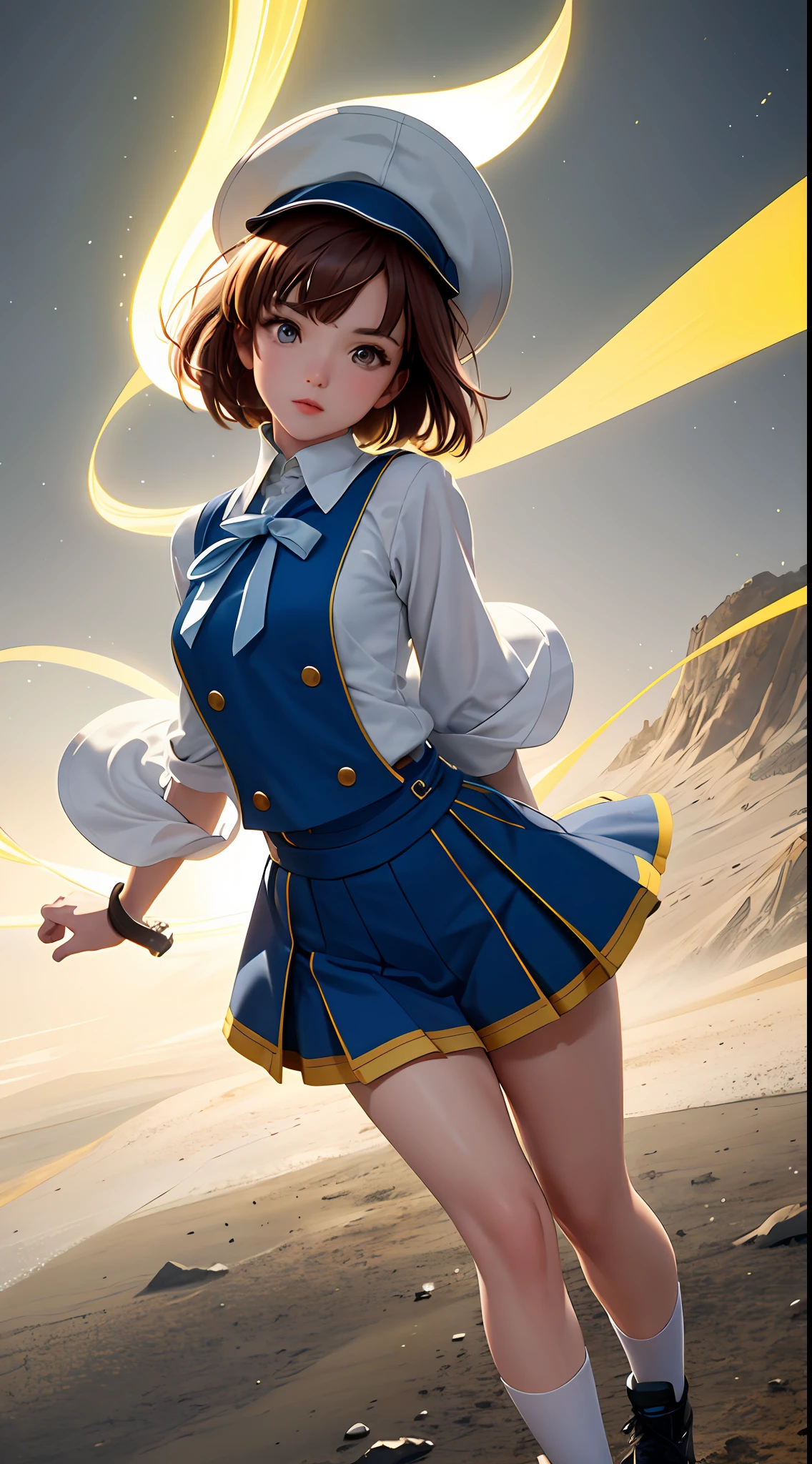 4K,8K,(masterpiece), best, 8k wallpapers, illustrations,{{{full body}}},beautiful , facial contours, beauty,game cg,Standing posture,{{Masterpiece, Best Quality, Extremely Detailed CG, Unity 8k Wallpaper, 3D, Cinematic Lighting, Lens Flare}},{Perfect composition},{{{Clear face}}}, {{{clear eyes}}},high res,(8k, RAW photo, best quality, masterpiece:1.2),(ultra-detailed:1.4),detailed beautiful skin,detailed skin texture,glistening skin,Cinematic lenses,detailed light,cinematic lighting,1 girl,
Short red hair, yellow cap, white short sleeves, navel exposed, blue skirt, black shorts, knee pads, elbow pads, red schoolbags, red and white sneakers, rifles and magazine belts,
(((masterpiece))), (((best quality))), ((ultra-detailed)), (highly detailed CG illustration), ((an extremely delicate and beautiful)),(cute delicate face),cinematic light,best quality, masterpiece, photo realistic, extreme res, ultra high res, dynamic lighting, real lighting,
beautiful detailed glow, detailed, Cinematic light, intricate detail, highres, detailed facial features, high detail, sharp focus, smooth, aesthetic, extremely detailed, stamp, octane render,by Mihoyo,HDR (High Dynamic Range), Ray Tracing, Super-Resolution, Unreal 5, Subsurface Scattering, PBR Texturing, Post-Processing, Anisotropic Filtering, Depth-Of-Field ,Maximum Clarity And Sharpness, Multi-Layered Textures, Albedo And Specular Maps, Surface Shading, Accurate Simulation Of Light-Material Interaction, Octane Render, Two-Tone Lighting, ISO, White Balance, Rule Of Thirds, Wide Aperture, 8K RAW,