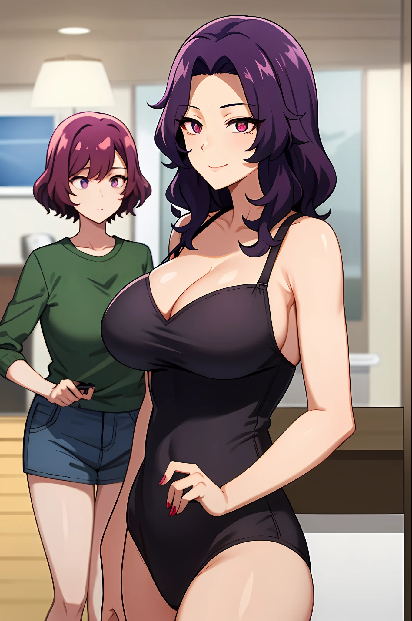 best qualityer,(tmasterpiece:1.2),highly detailed,sitted,Mature woman,
1girll, 独奏, hamaoka azusa,
looking at viewert,ssmile,,
Purple eye,Purple colored hair,short detailed hair,green-shirt,Red bra strap,Full buttocks,plumw,big breasts body