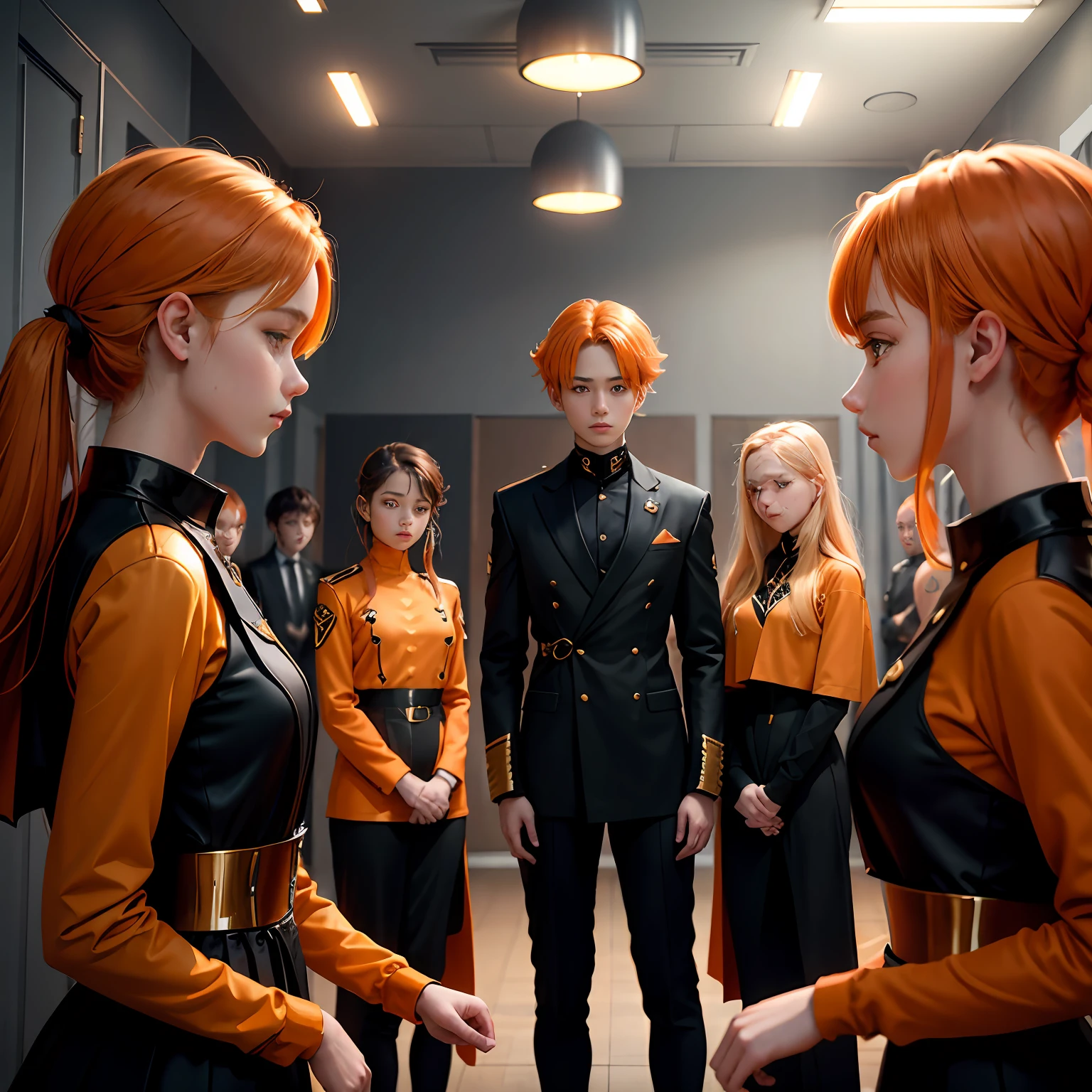 Group of 15-year-old teenagers in training trained in ilera all have orange hair and orange eyes and wear elegant black and gold etiquette suits.
