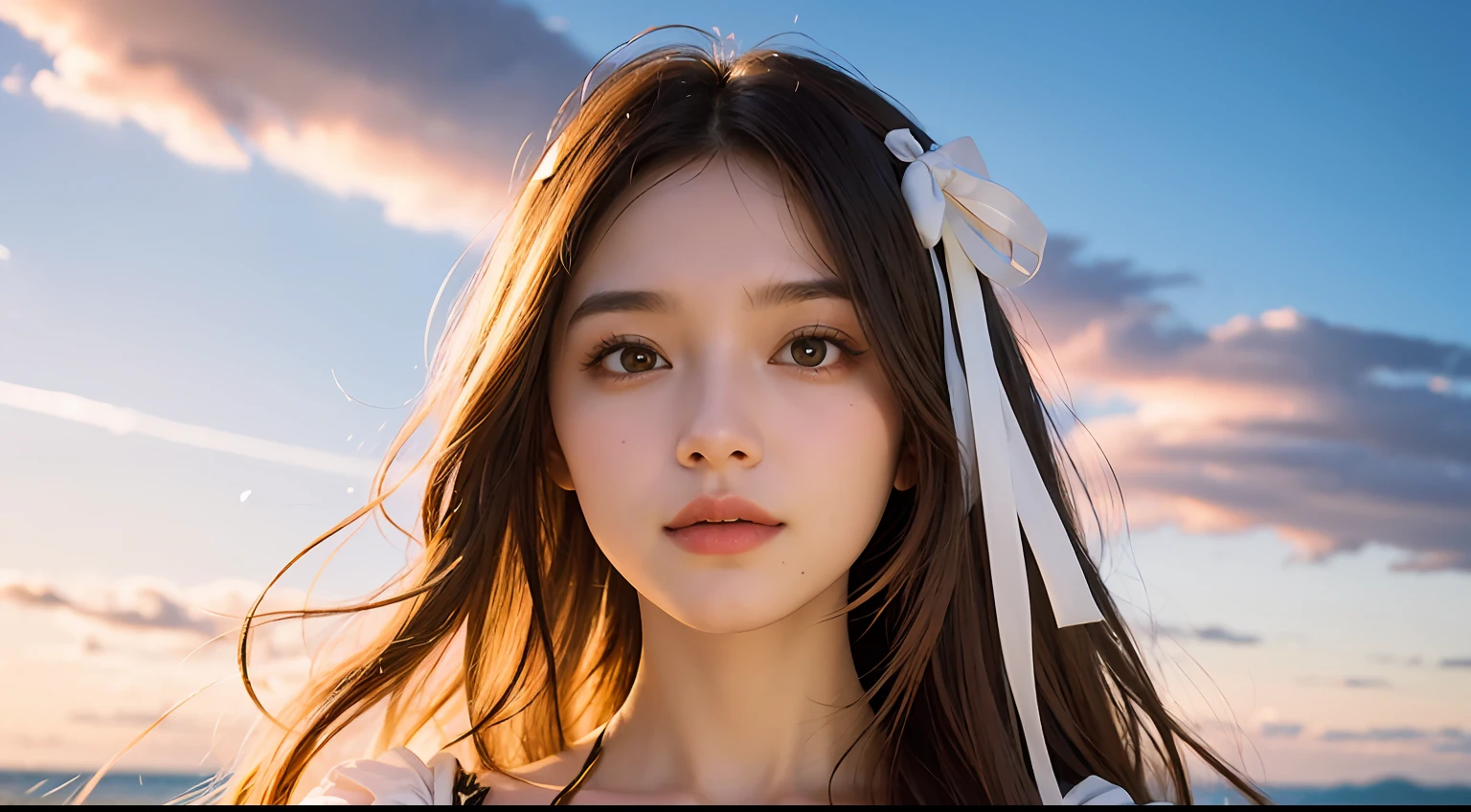 a portrait of maiden, (long hair:1.6), super long floating colorful hair, (white ribbon on hair), (beach background:1.1) ,best quality, super large breasts, light smile, masterpiece, illustration, an extremely delicate and beautiful, extremely detailed ,CG ,unity ,8k wallpaper, Amazing, finely detail, masterpiece, best quality, official art, extremely detailed CG unity 8k wallpaper, absurdres, incredibly absurdres, huge file size , ultra-detailed, highres, extremely detailed, beautiful detailed girl, extremely detailed eyes and face, beautiful detailed eyes, light on face,1girl,full body,(full-body shot),