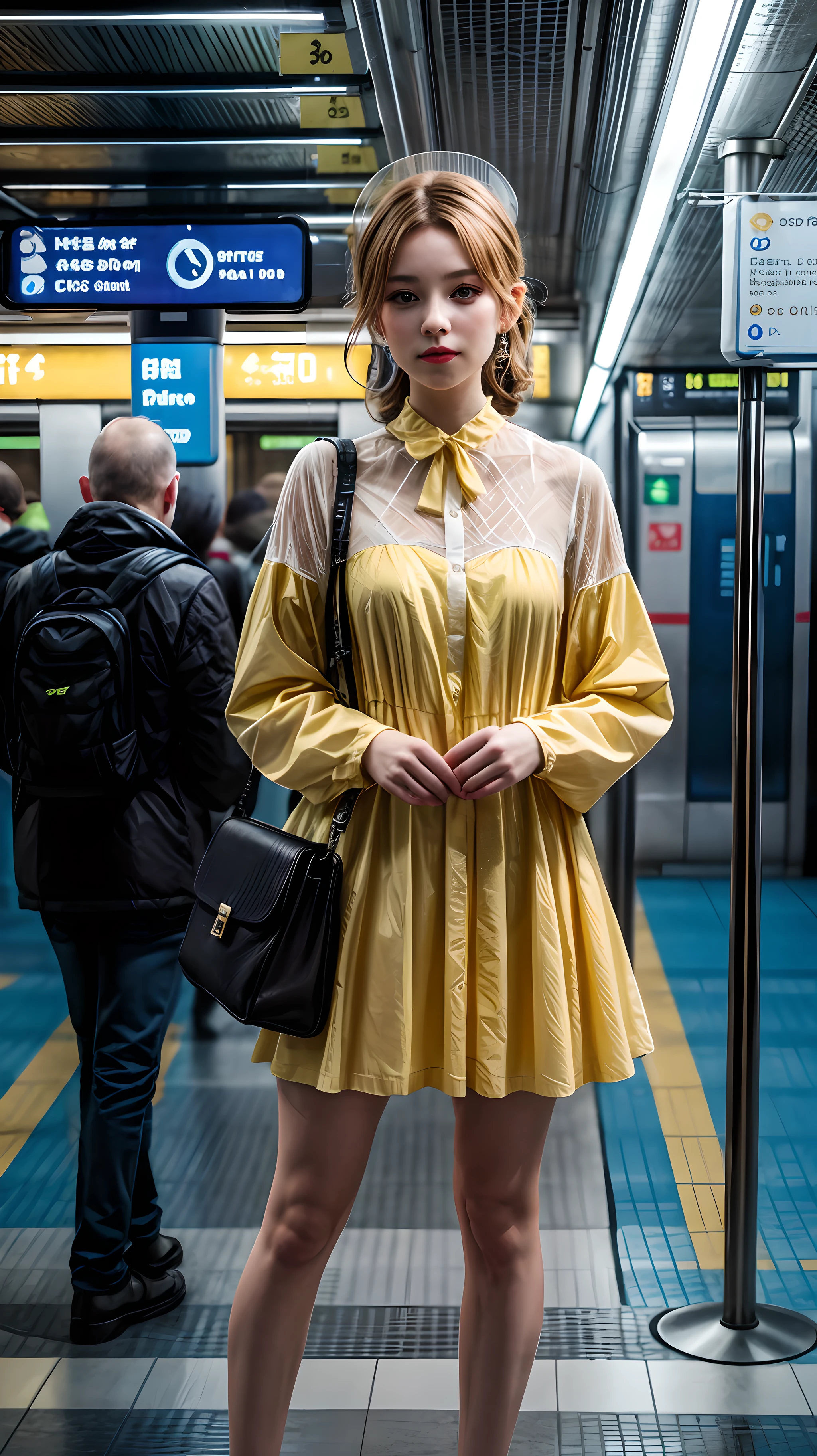 (1girl), solo, russian_race, wearing(yellow-dress), photo(medium), standing, (straight-on:1.25), background(futuristic-metro_station, blurry:1.35), (photorealistic, absurdres, best_quality),