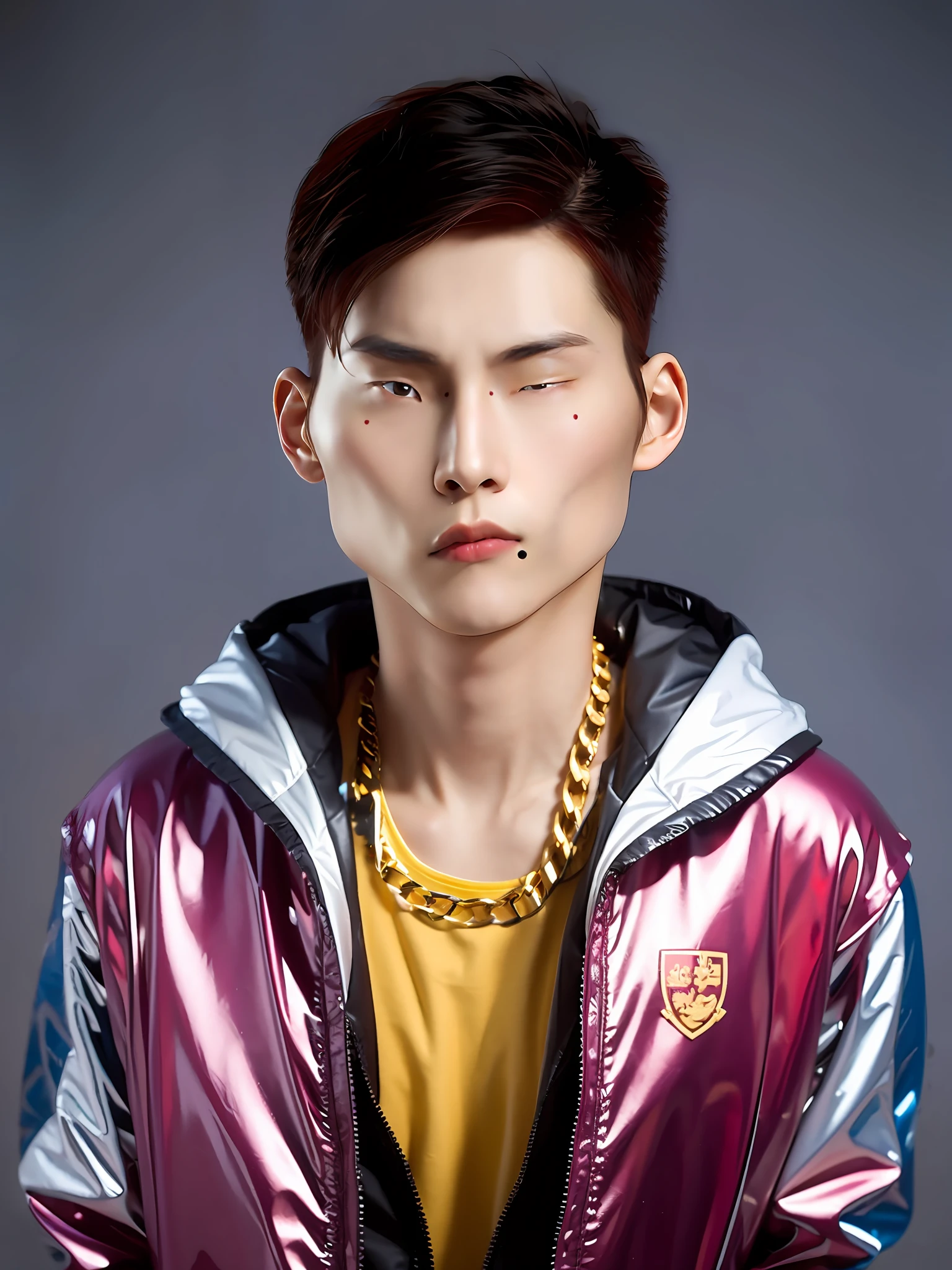 A Chinese male high school student,Wearing sky-blue PVC casual clothes