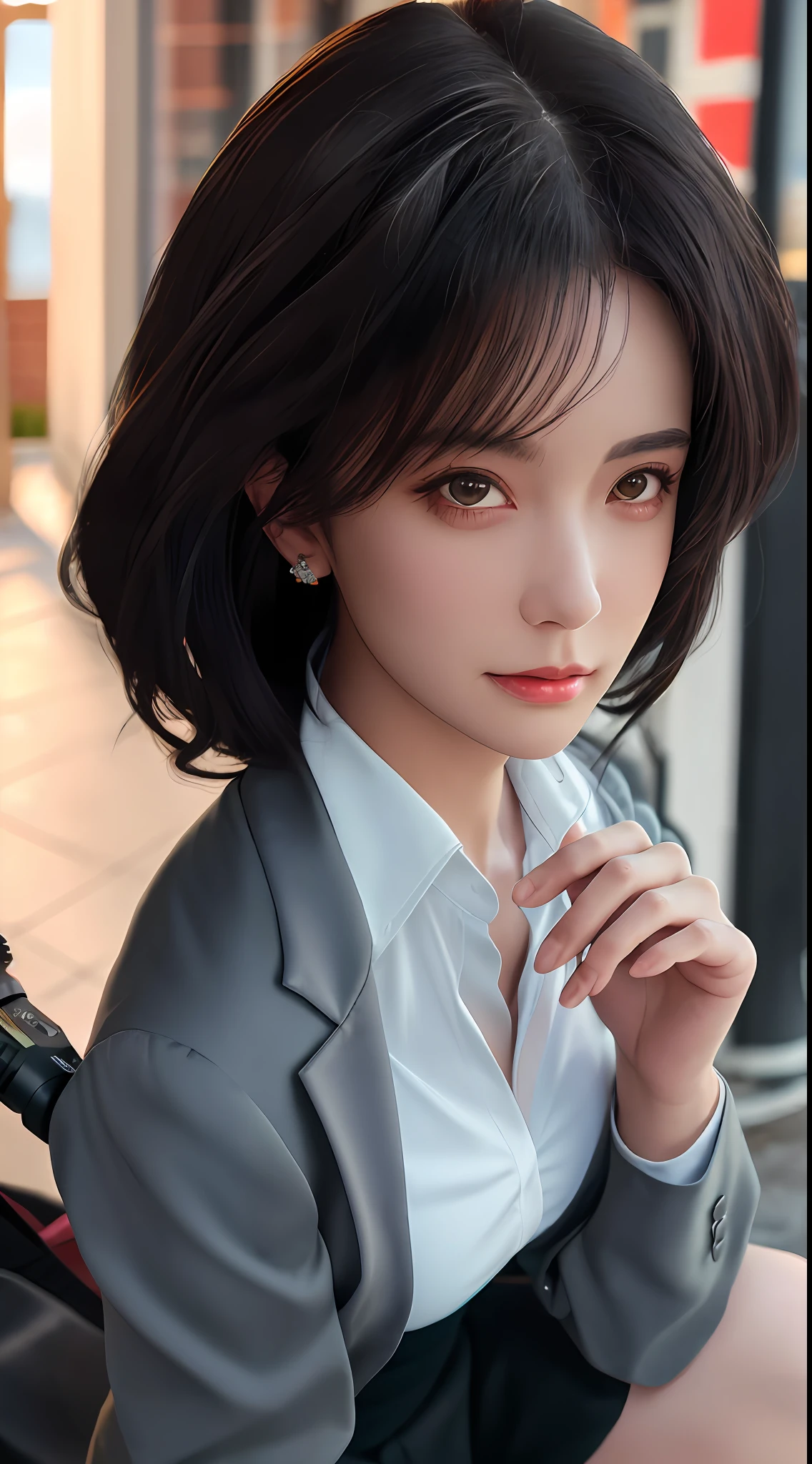 best quality, masterpiece, 1girl, Beautiful face, (photo realistic:1.3), rim lighting, (high detailed skin:1.2), 8k uhd, dslr, high quality, high resolution, 4k, 8k, Bokeh, absurdres, best ratio four finger and one thumb, (realistic:1.3), cute 1girl, wearing black formal blazer, medium breasts, short skirt,