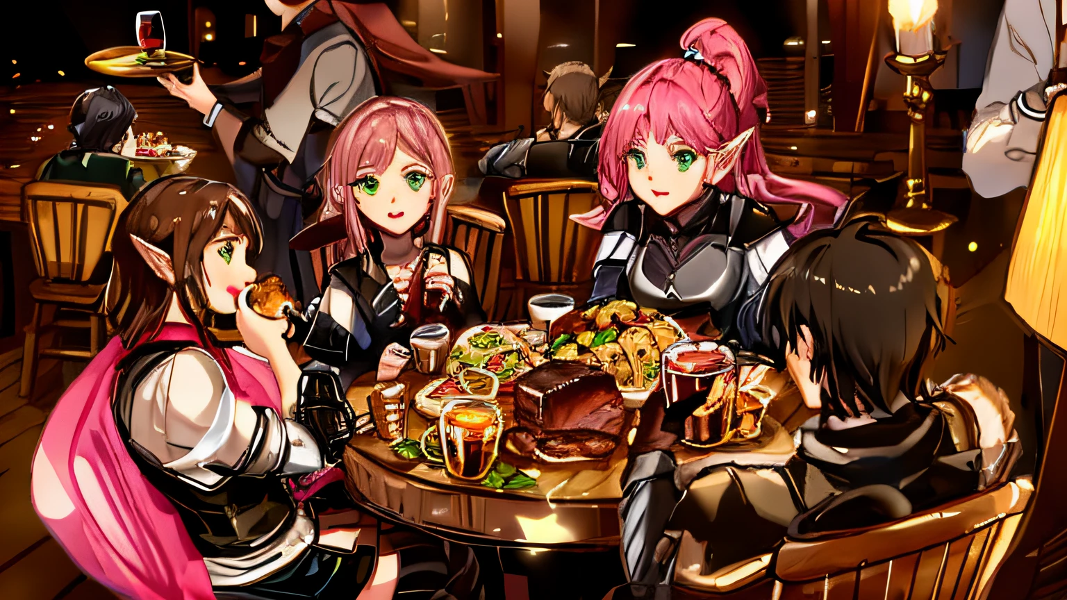 Brunette man in armor eating chicken legs holding sausages,A man with black hair and black clothes holds a beer glass,A pink-haired beauty holding a bagel,A brown-haired elf wears a green dress,Sit in front of a table of good food,Wooden stools,The waitress holds a wine glass,Adventurers who eat,Candle on a wooden pillar,Medieval hotel hall,Dining hall,In the cafeteria at night,Noisy atmosphere,Piva,red wine ,Chicken,Noodles,steak,