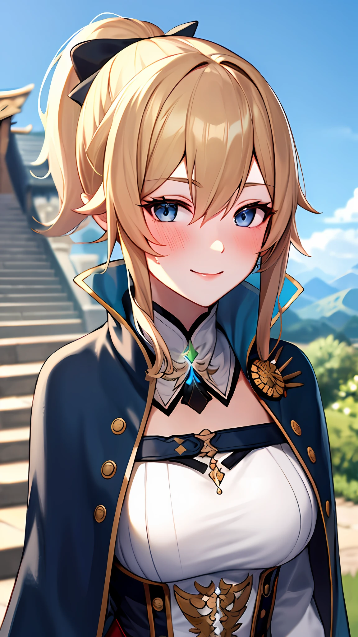 jeanfavonian, upper body, smile, blush, outdoors, day, simple background, blue sky, short hair, sky, temple, looking at viewer, stairs, mountain, moody lighting, blush,