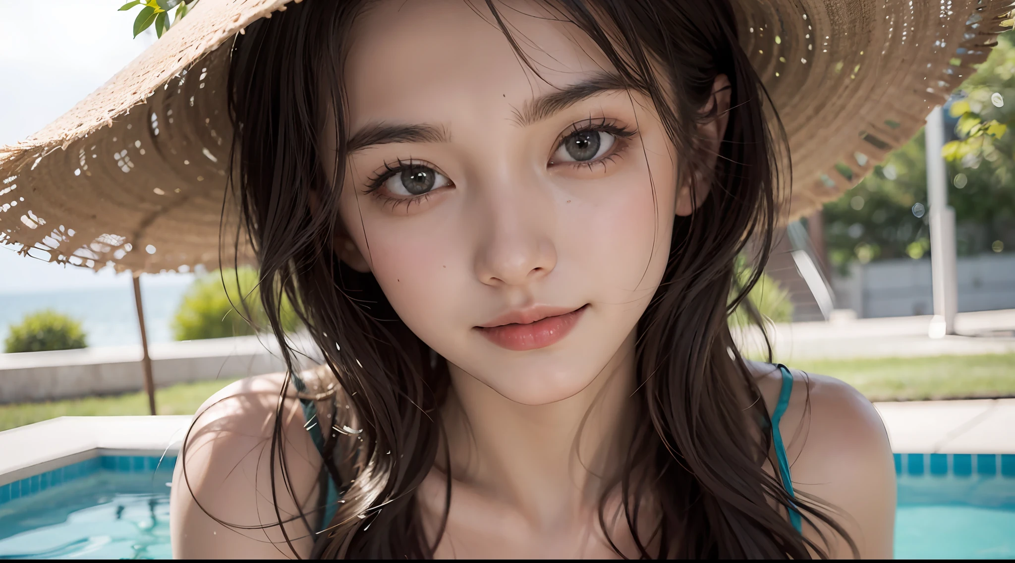 Striped Micro Bikini、(Brown skin)、(Blonde Shorthair)、(Wearing a straw hat)、年轻、Cute、a beauty girl、Perfect Style、Colossal tits、Emphasizes cleavage、A slight smil、8k、ighly detailed、top-quality、Top image quality、超A high resolution、masterpiece、(one girls)、swimming pools